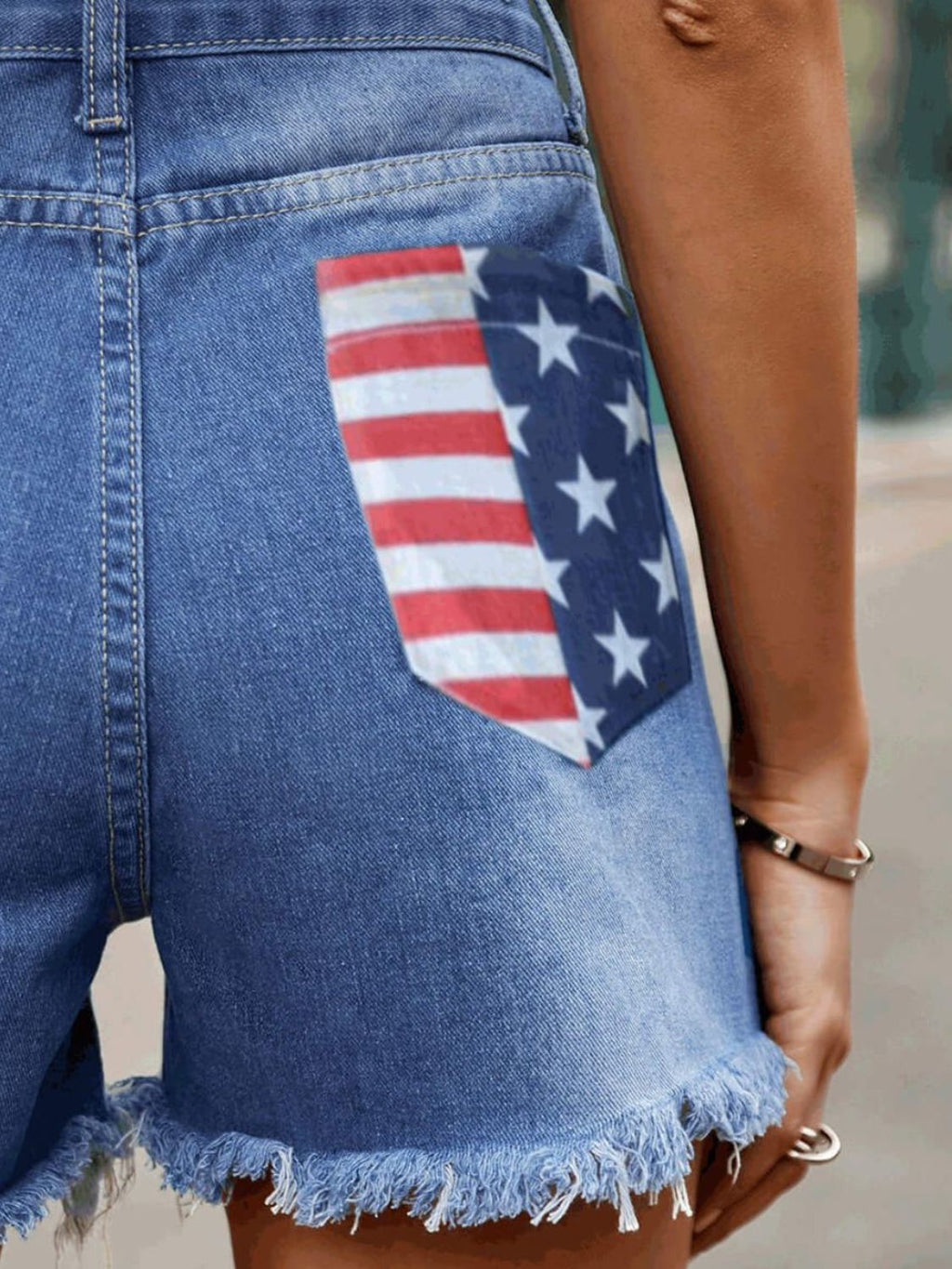 American Flag Raw Hem Denim Shorts with Pockets