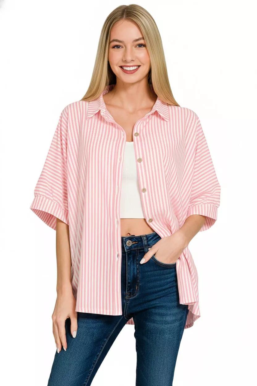 Zenana Oversized Stripe Button Down Shirt