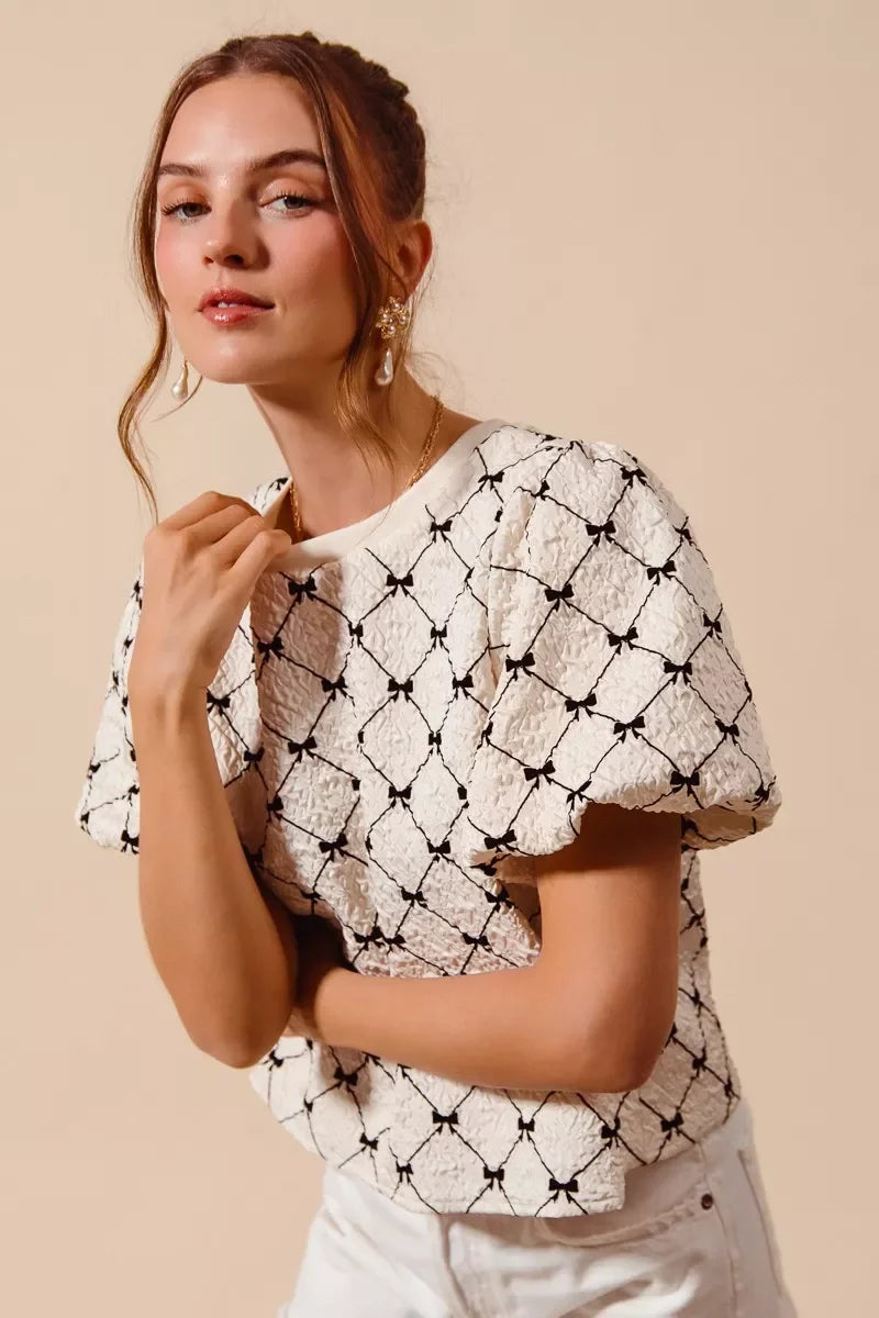 SO ME Bow Texture Woven Bubble Sleeve Top