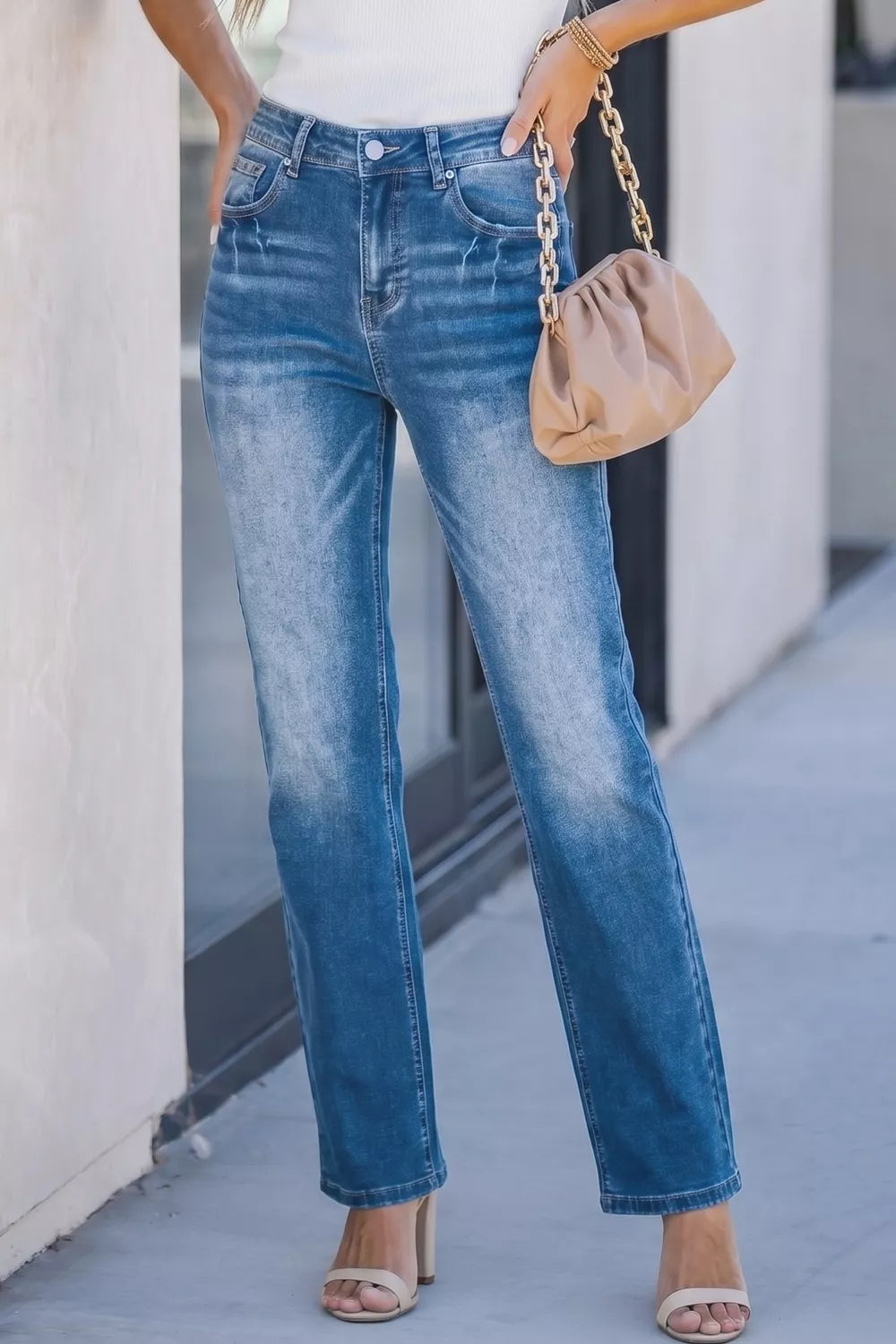 Acid Washed Straight Leg Full Length Casual Jeans