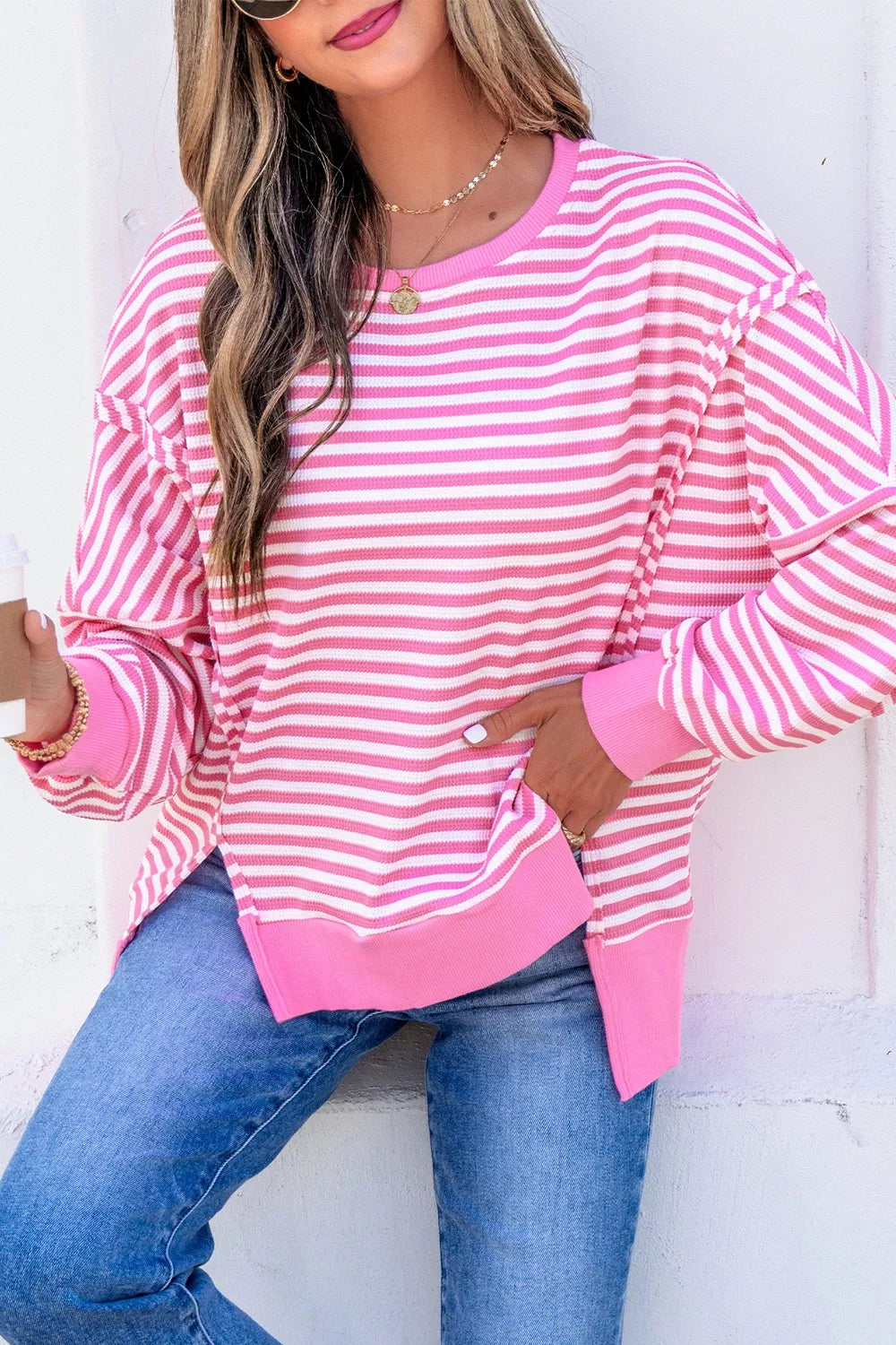 Stripe Textured Knit Color Block Trim Split Hem Long Sleeve Top