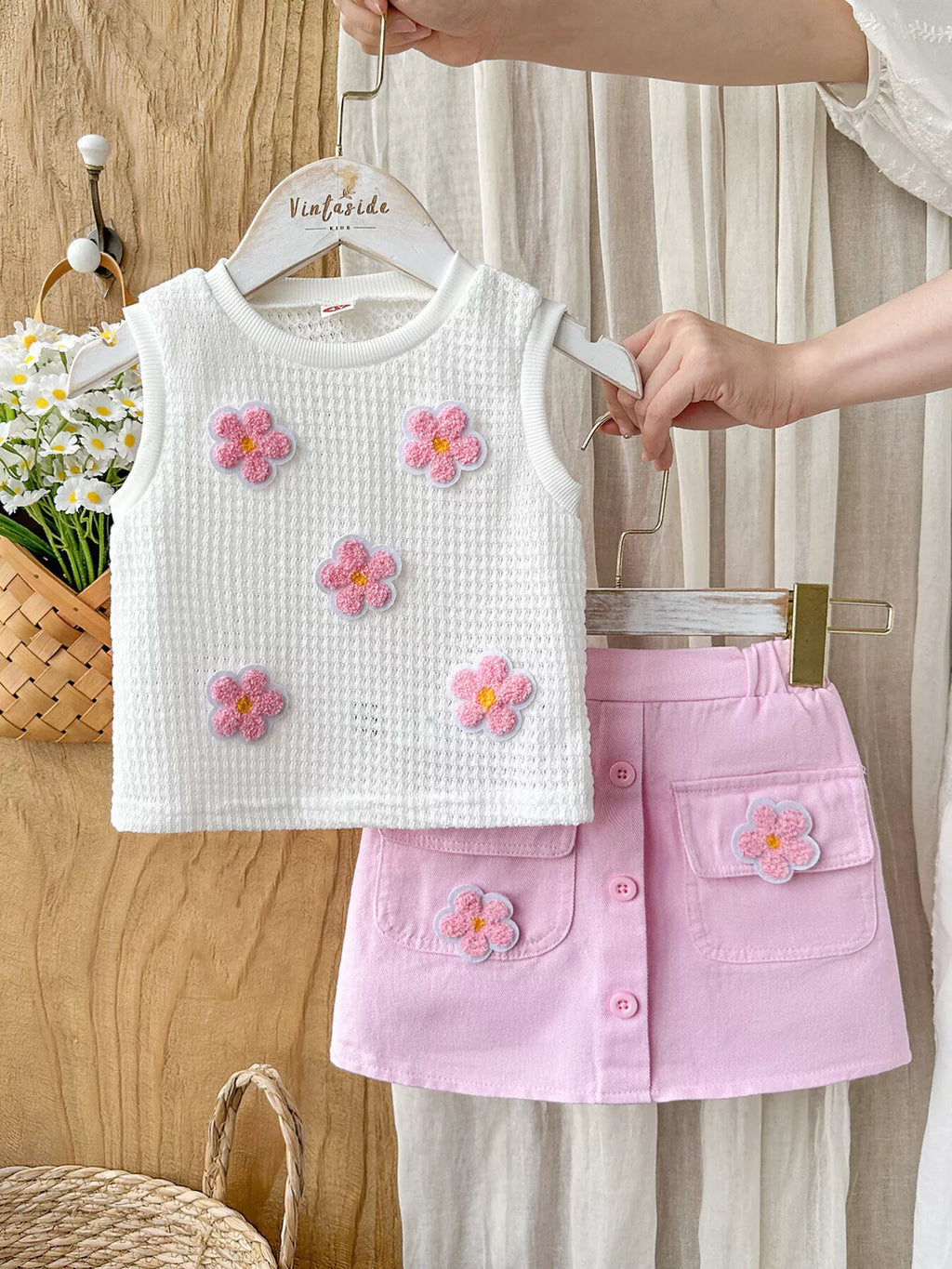 Children's Flower Sleeveless Top and Skirt Set