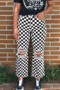 Checkerboard Print Distressed Holes Raw Edge Cropped Jeans