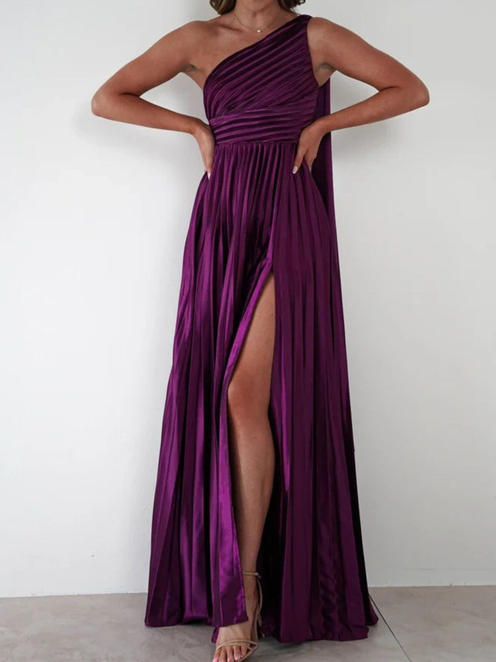 One-Shoulder Pleated Slit Maxi Dress