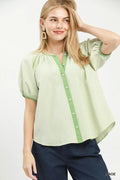 Umgee Checker Puff Sleeve Button Front Blouse