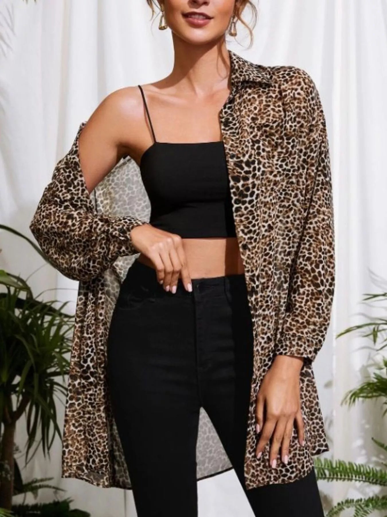 Leopard Print Button-Up Long Sleeve Oversized Shirt