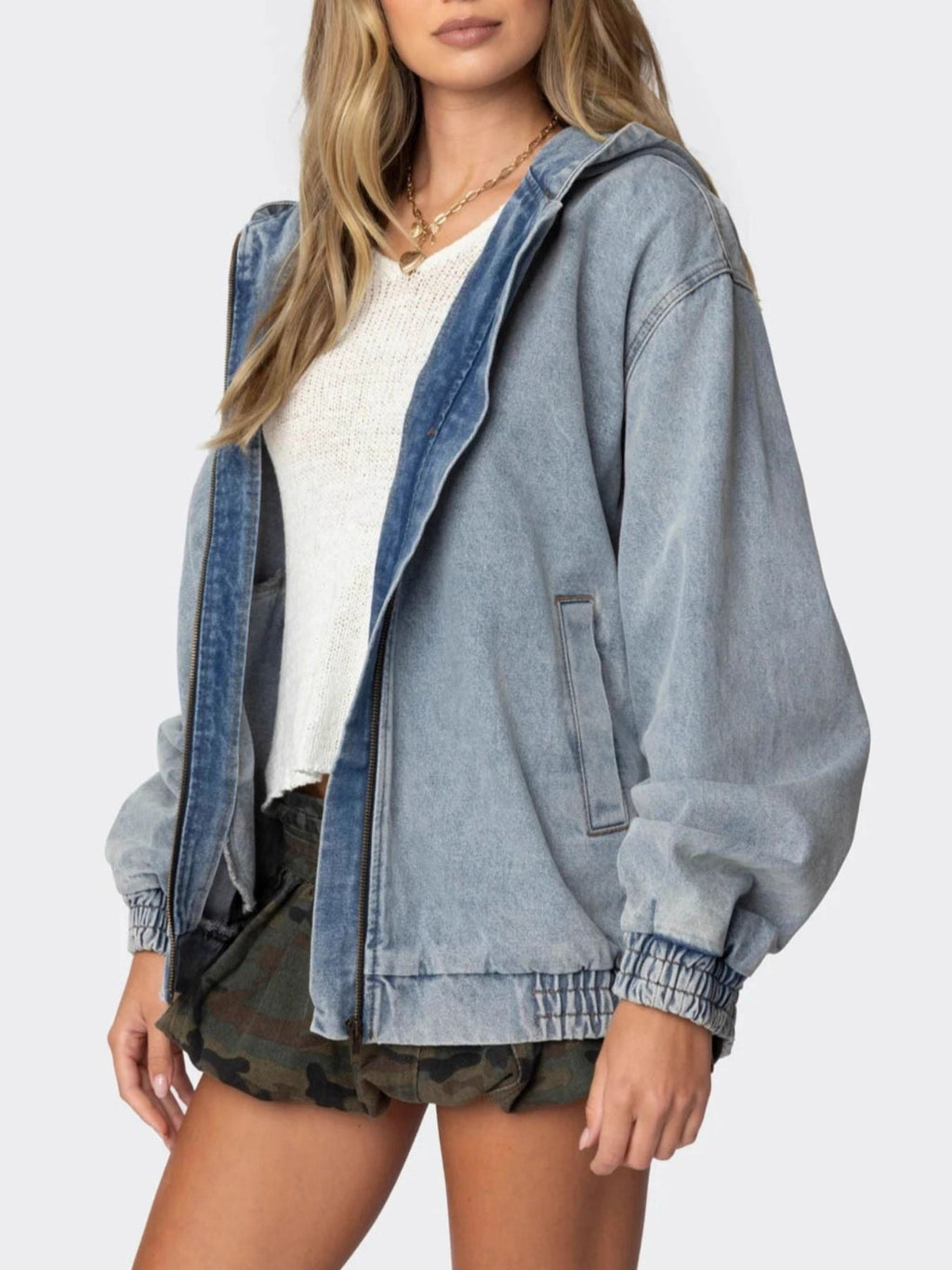 Hooded Oversized Zip Up Denim Jacket