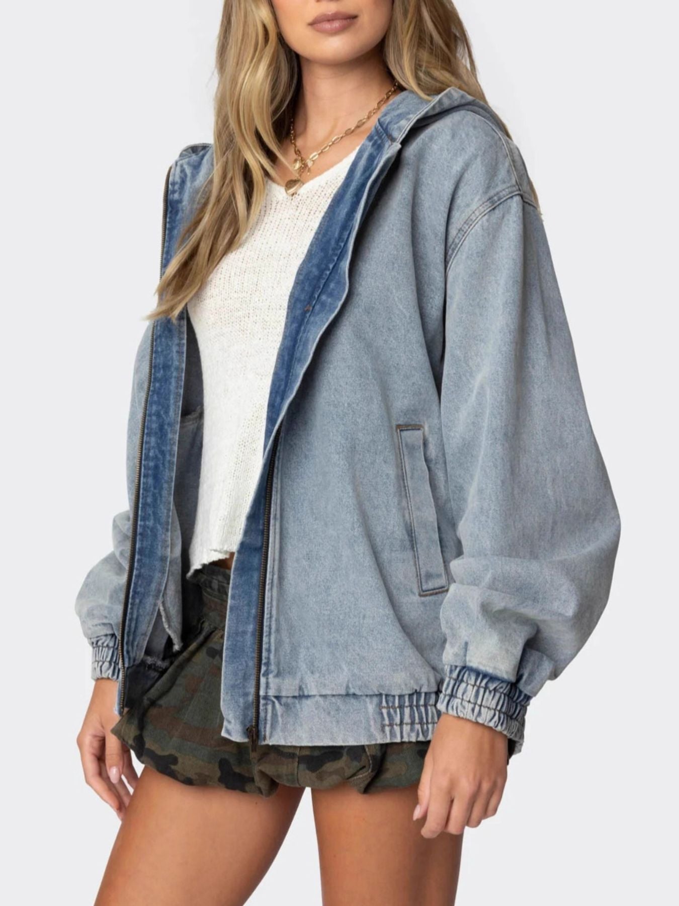 Hooded Oversized Zip Up Denim Jacket