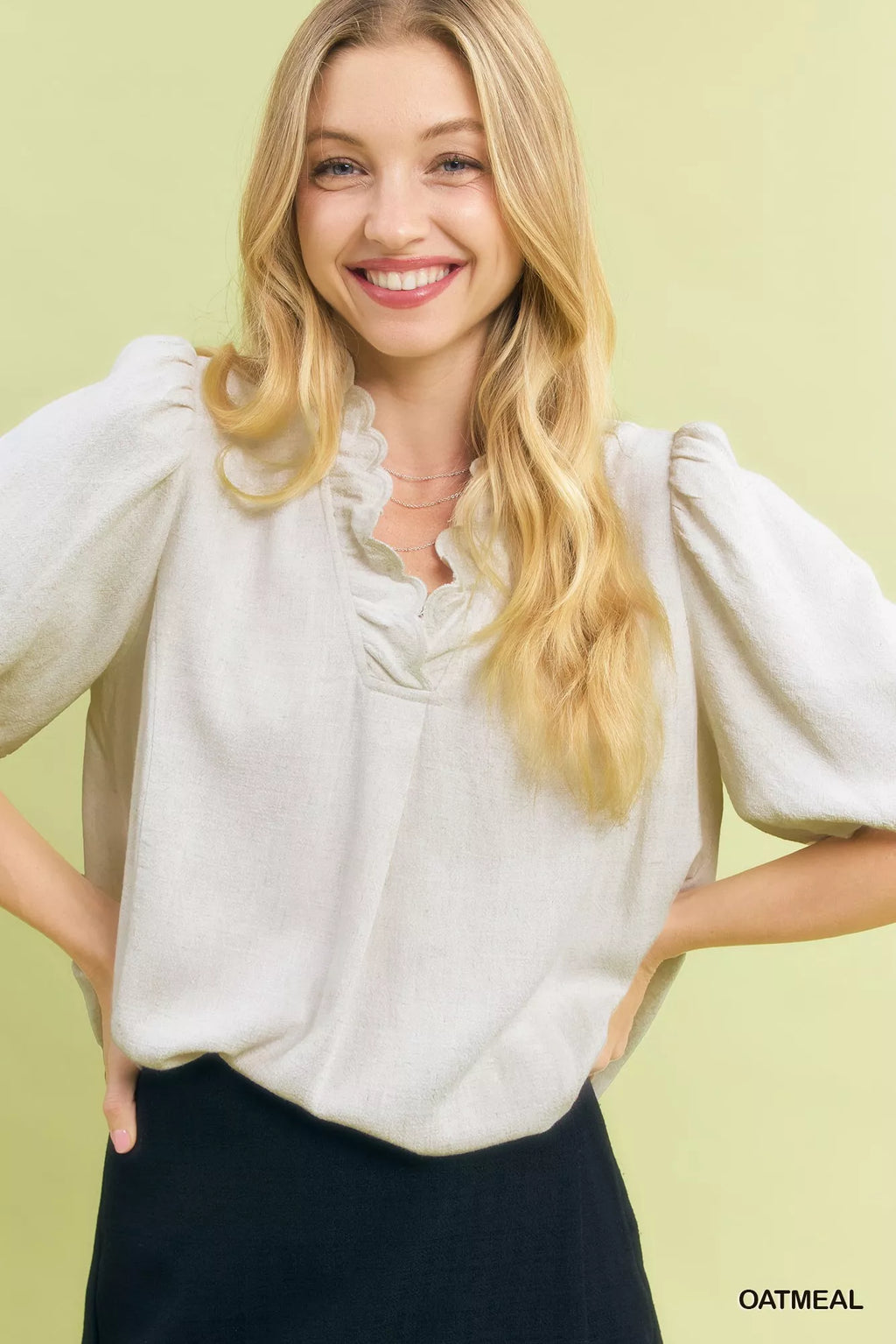 Umgee Linen Scallop Trim V-Neck Blouse
