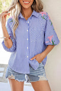 Striped Floral Embroidered Puff Sleeve Button Down Shirt