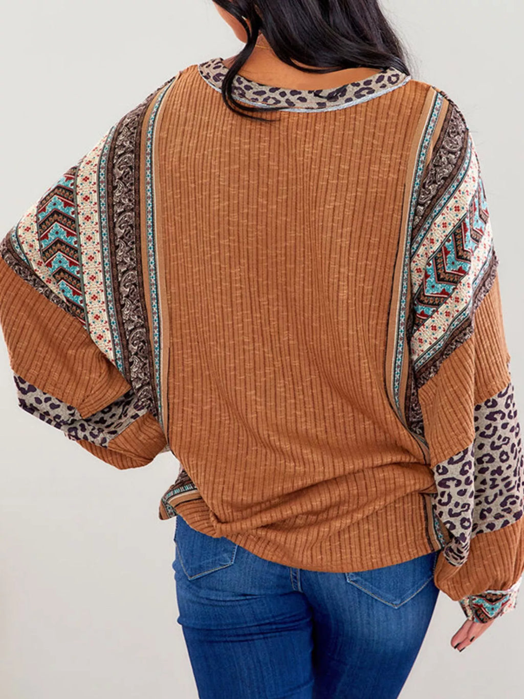 Leopard Color Block Ribbed Top