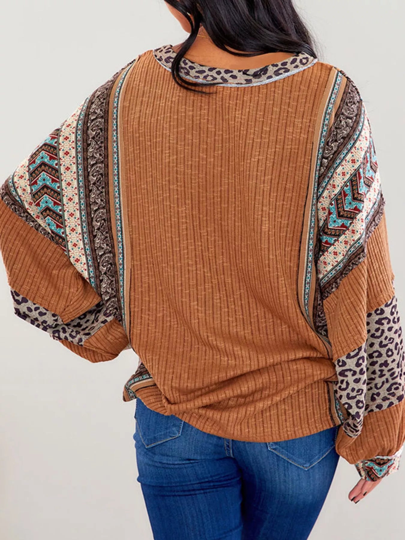 Leopard Color Block Ribbed Top