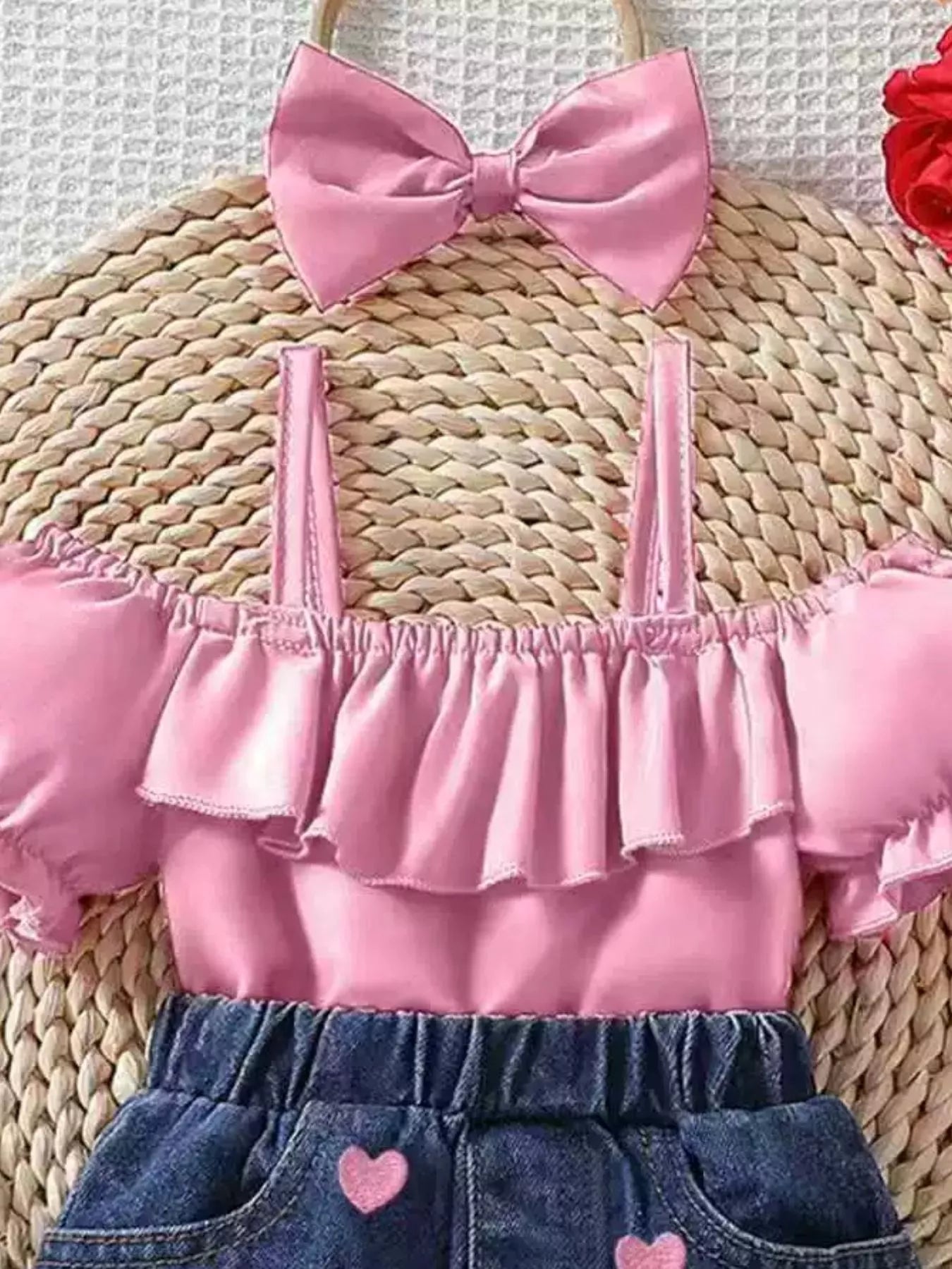 Children's Ruffled Top & Heart Embroidered Denim Shorts Set