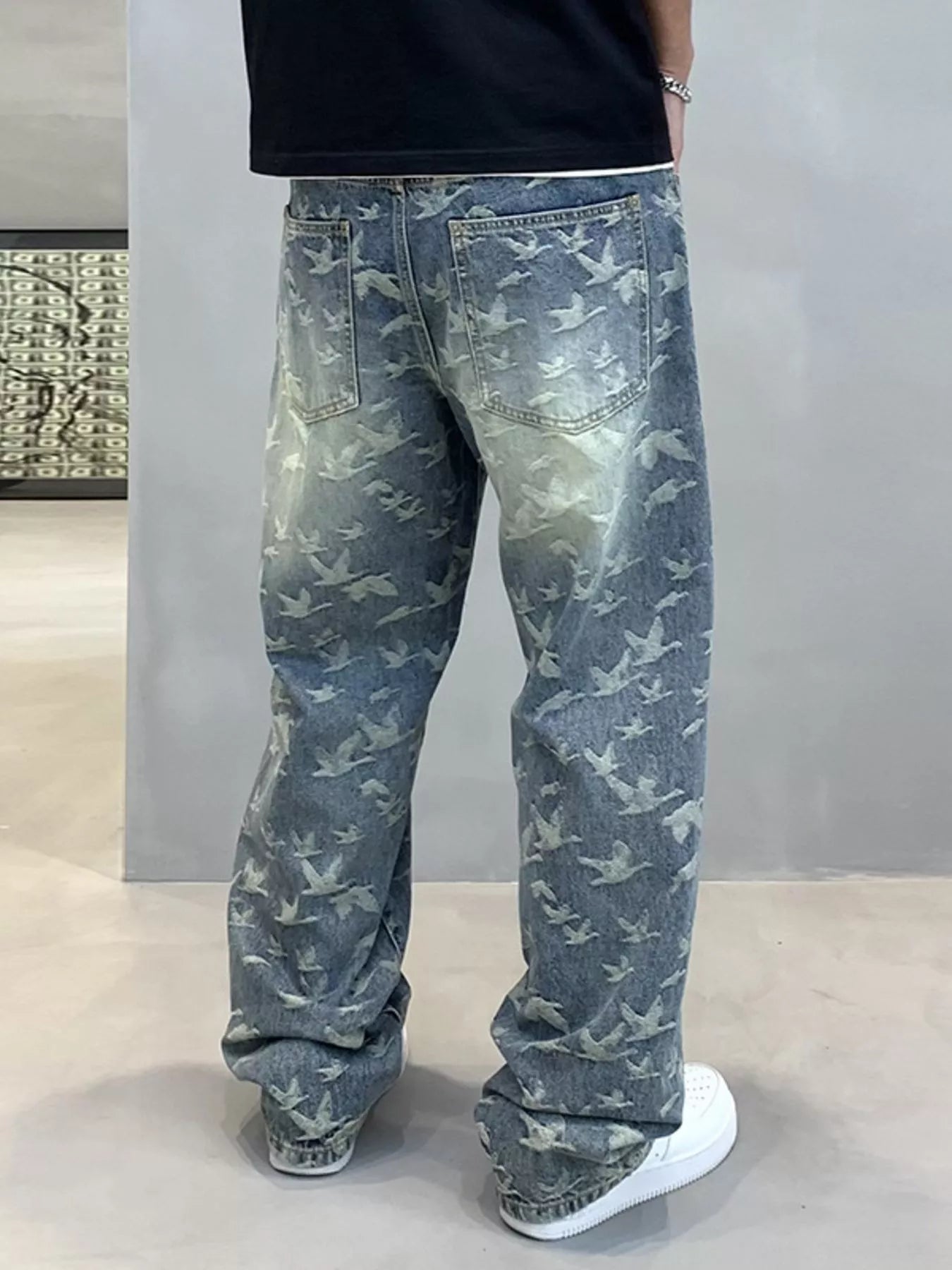 Men's Vintage Bird Print Loose Fit Jeans