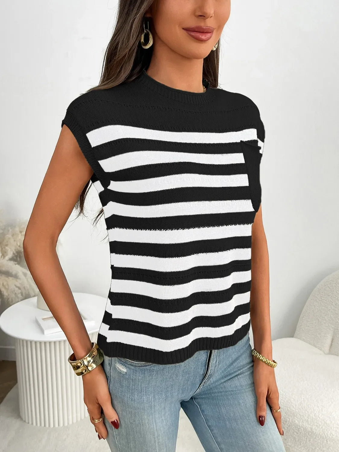 Striped Mock Neck Cap Sleeve Knit Top