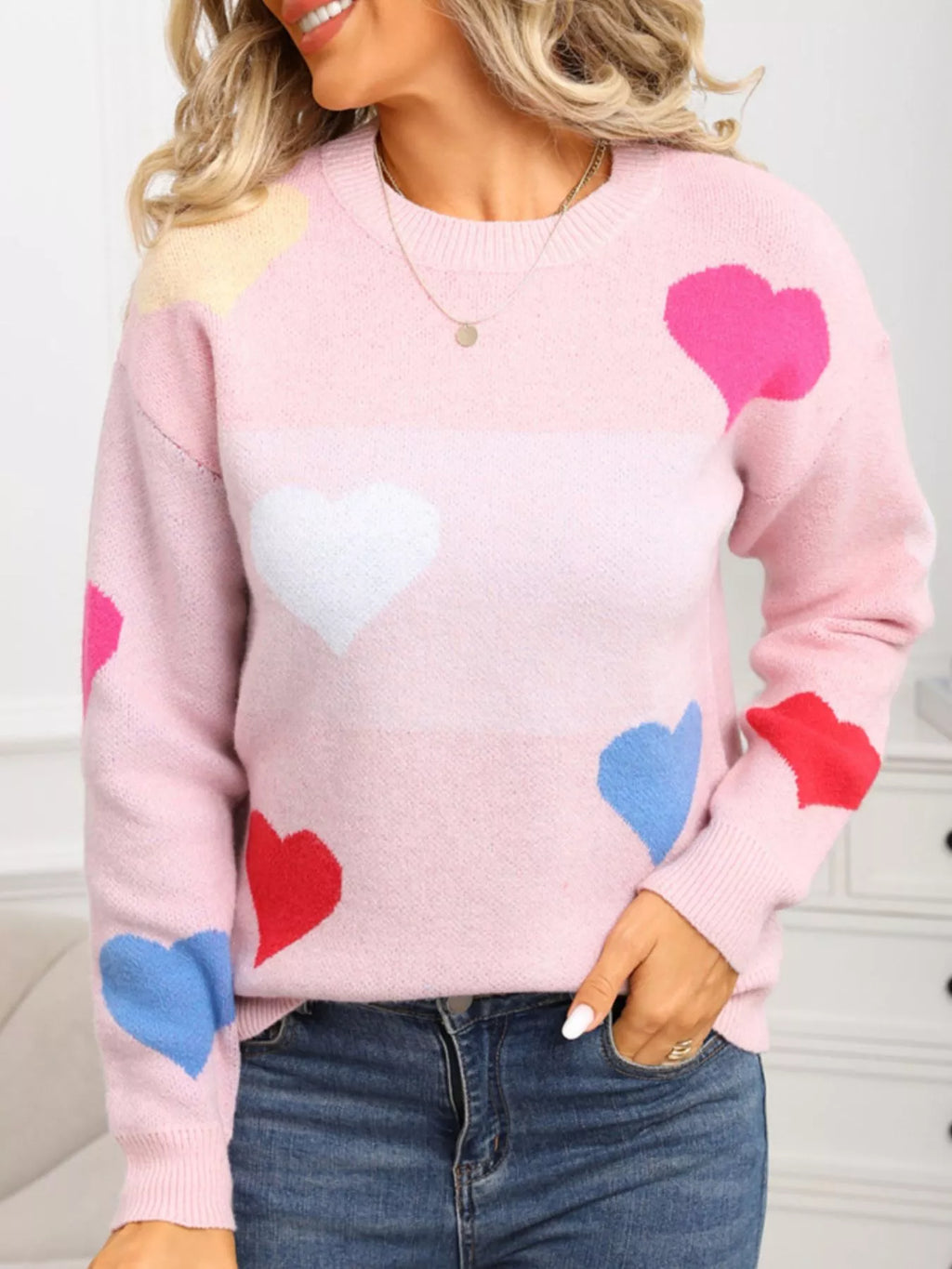 Valentine's Day Heart Round Neck Dropped Shoulder Sweater