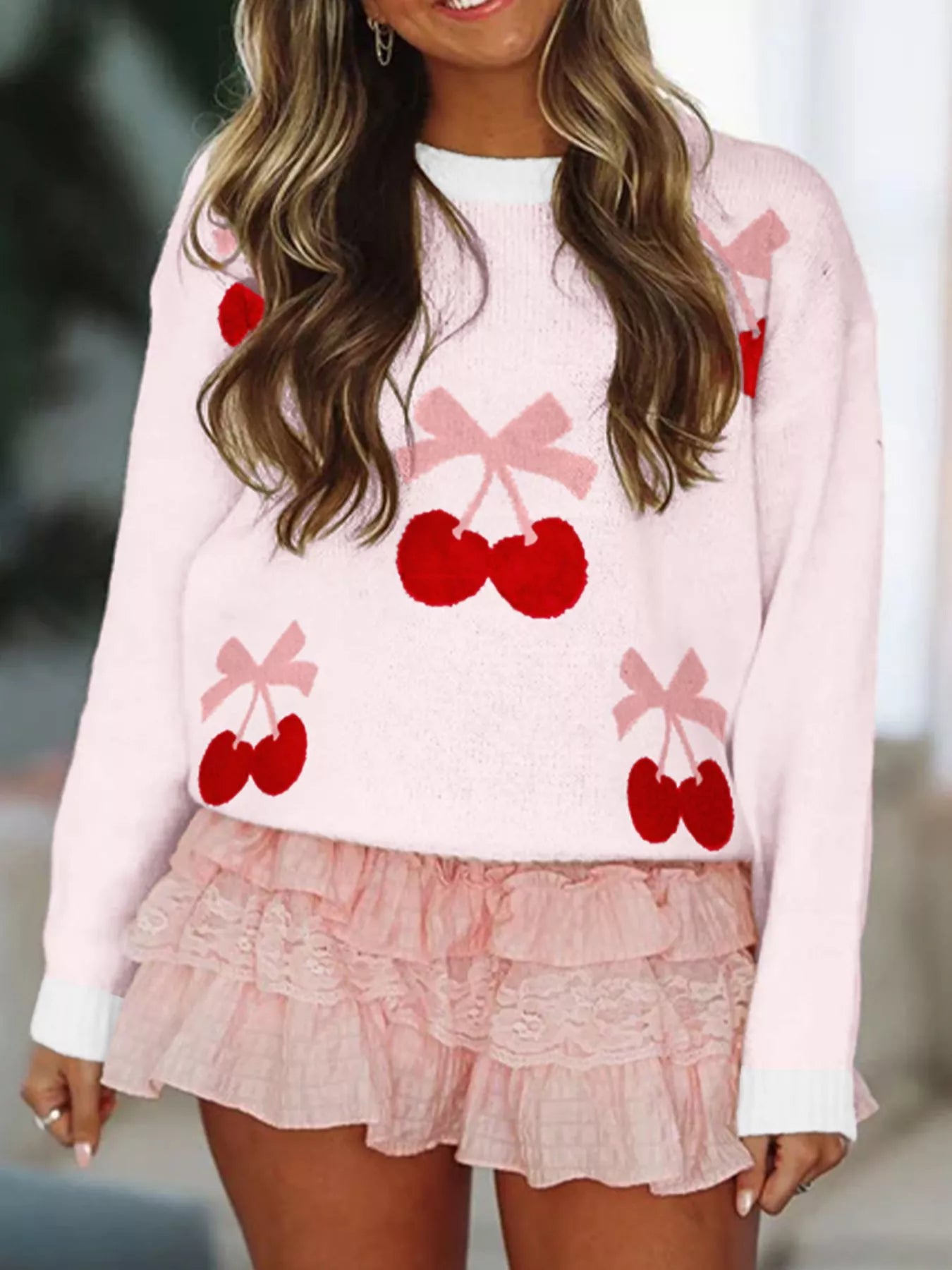 Cherry Pattern Drop Shoulder Sweater