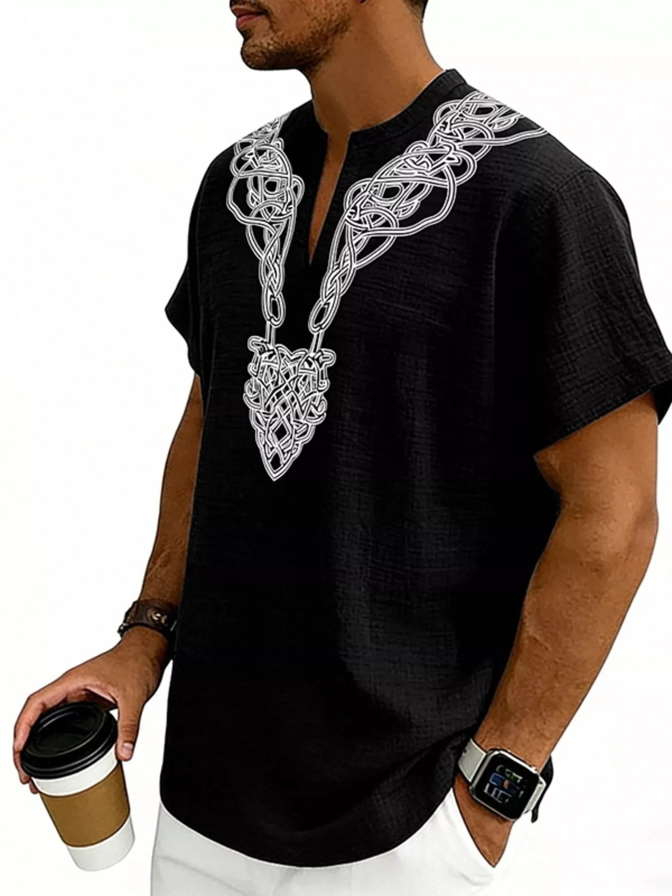 Men's Full Size Notched Printed Short Sleeve Blouse Plus Size