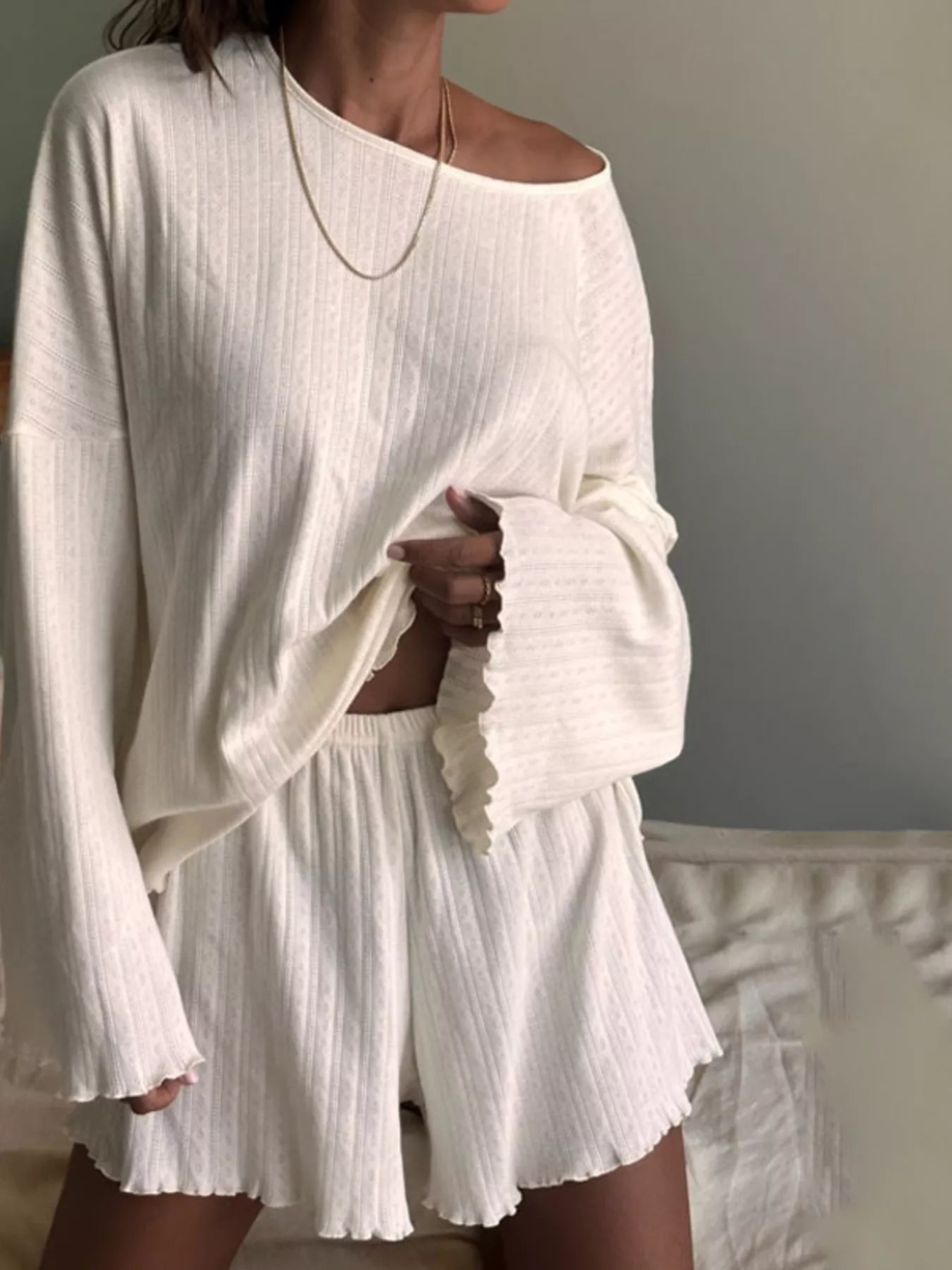 Ribbed Knit Long Sleeve Top and Shorts Lounge Set