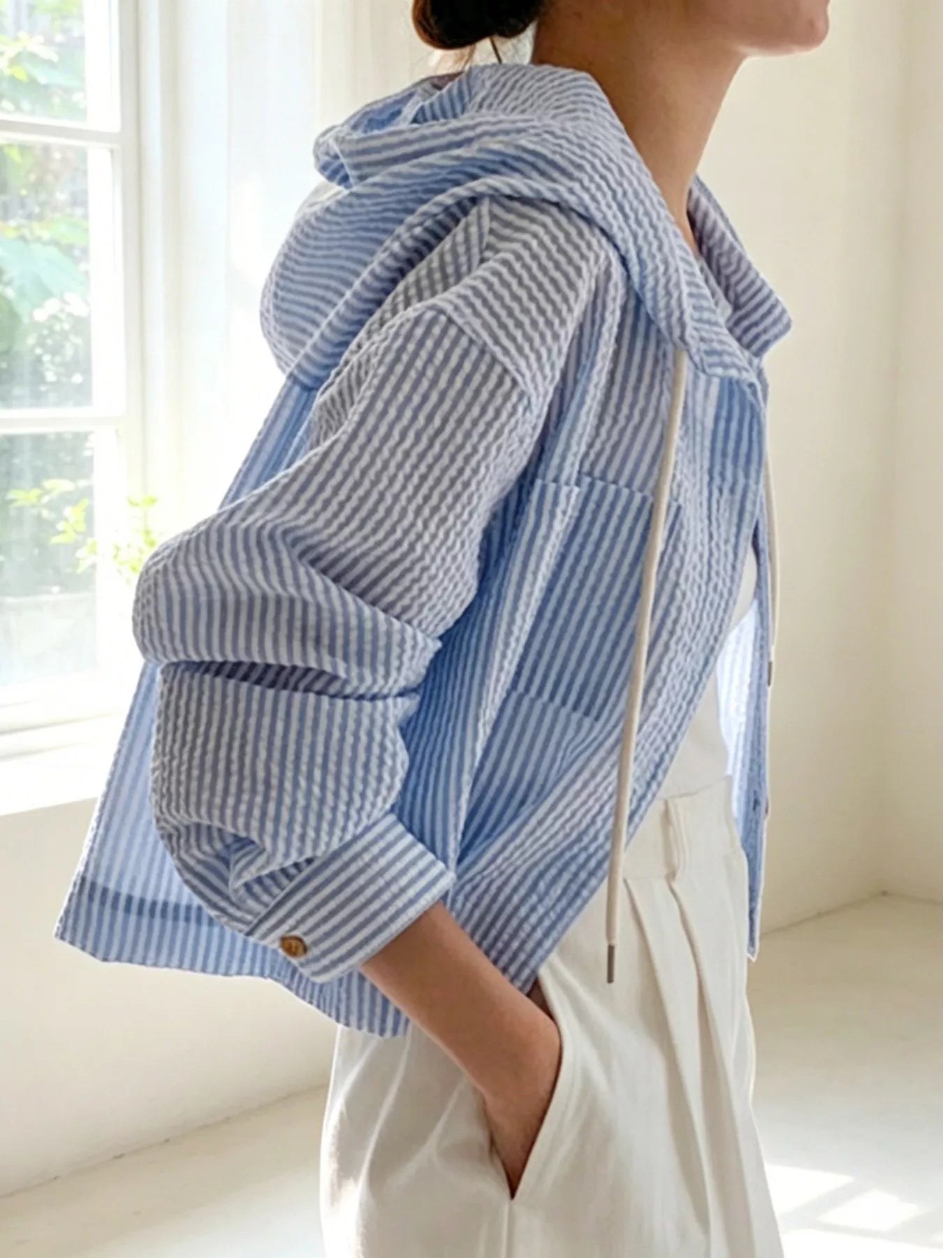 Striped Hooded Shirt with Drawstring Detail
