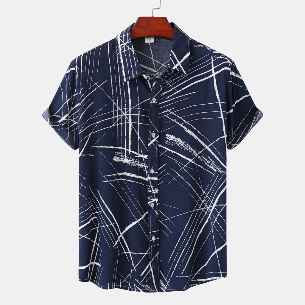 Men's Plus Size Abstract Lines Print Short Sleeve Button-Up Shirt