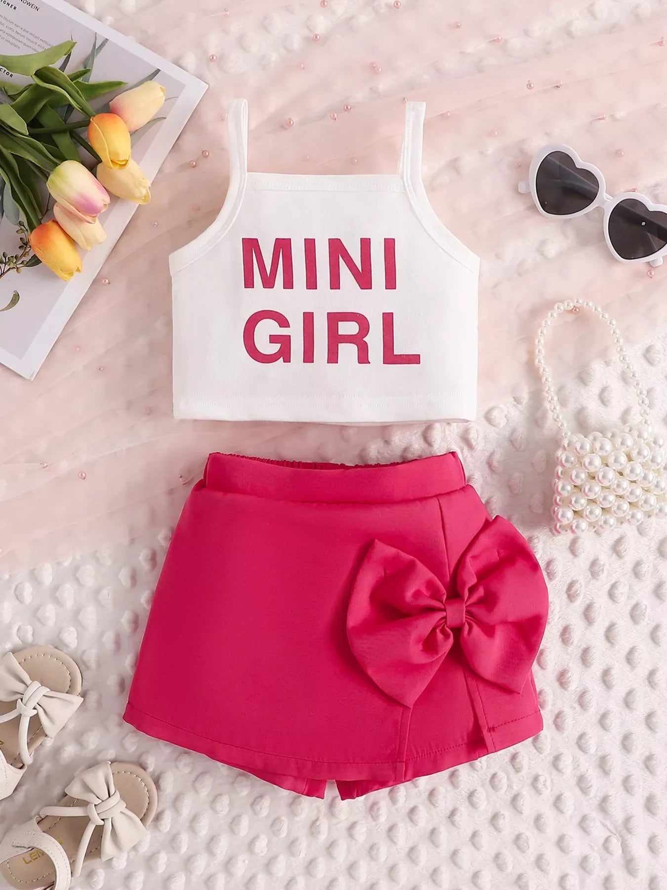 Children's Letter Graphic Cami and Bow Skort Set