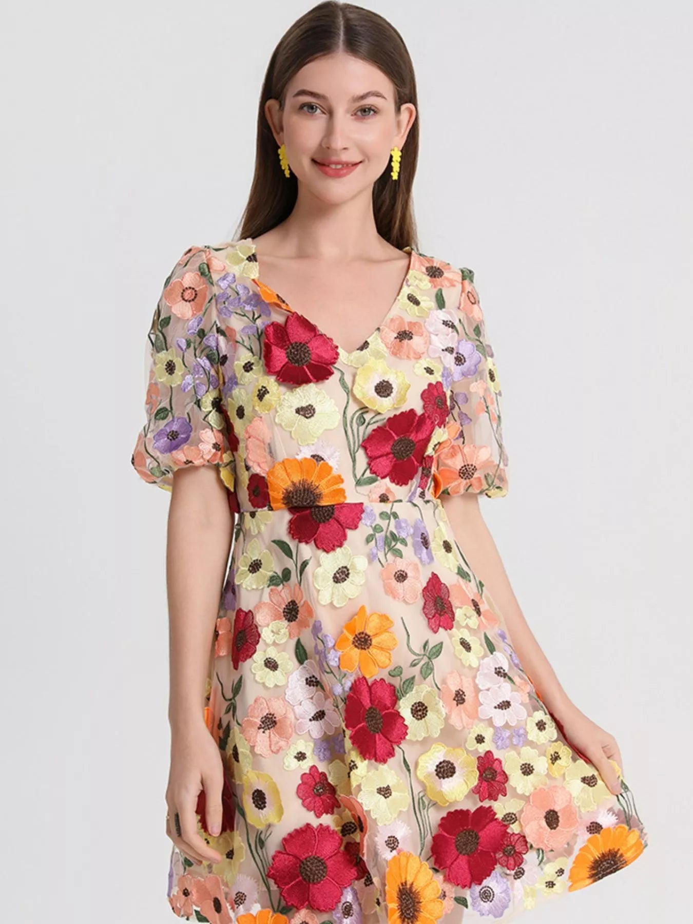 Plus Size Embroidered Floral V-Neck Mini Dress