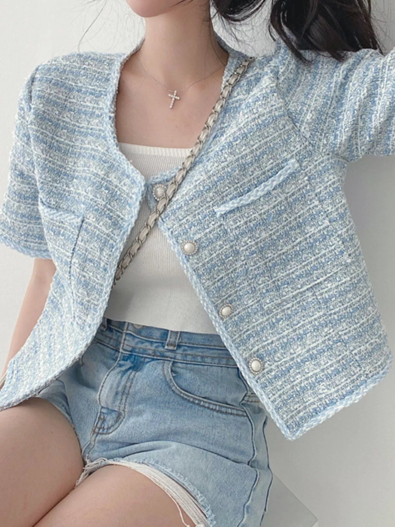 Pearl Button Short Sleeve Tweed Outerwear