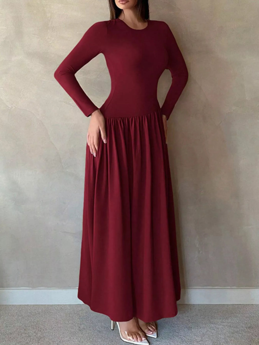 Long Sleeve Ruched A-Line Maxi Dress