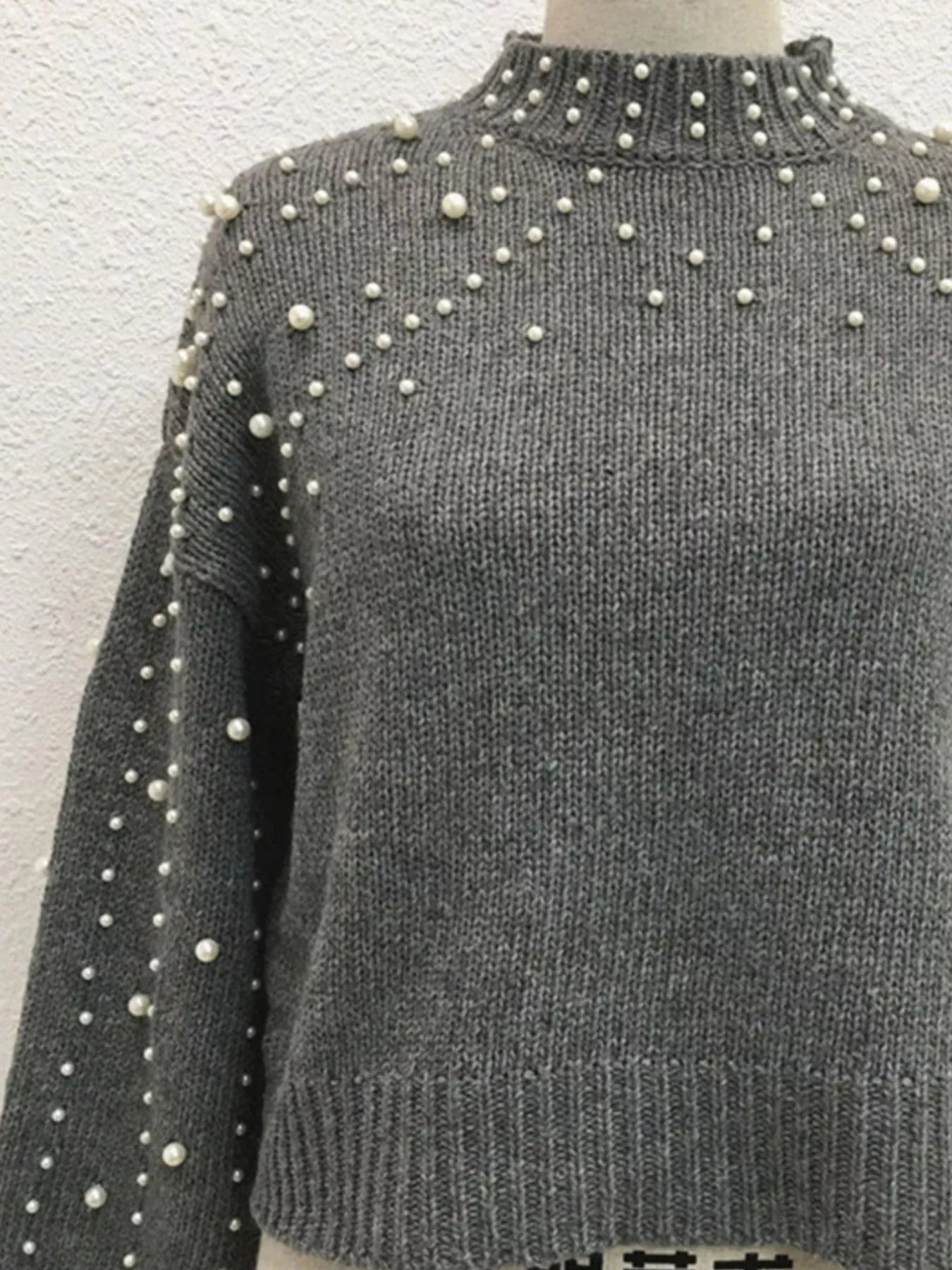 Pearl-Embellished Mock Neck Sweater