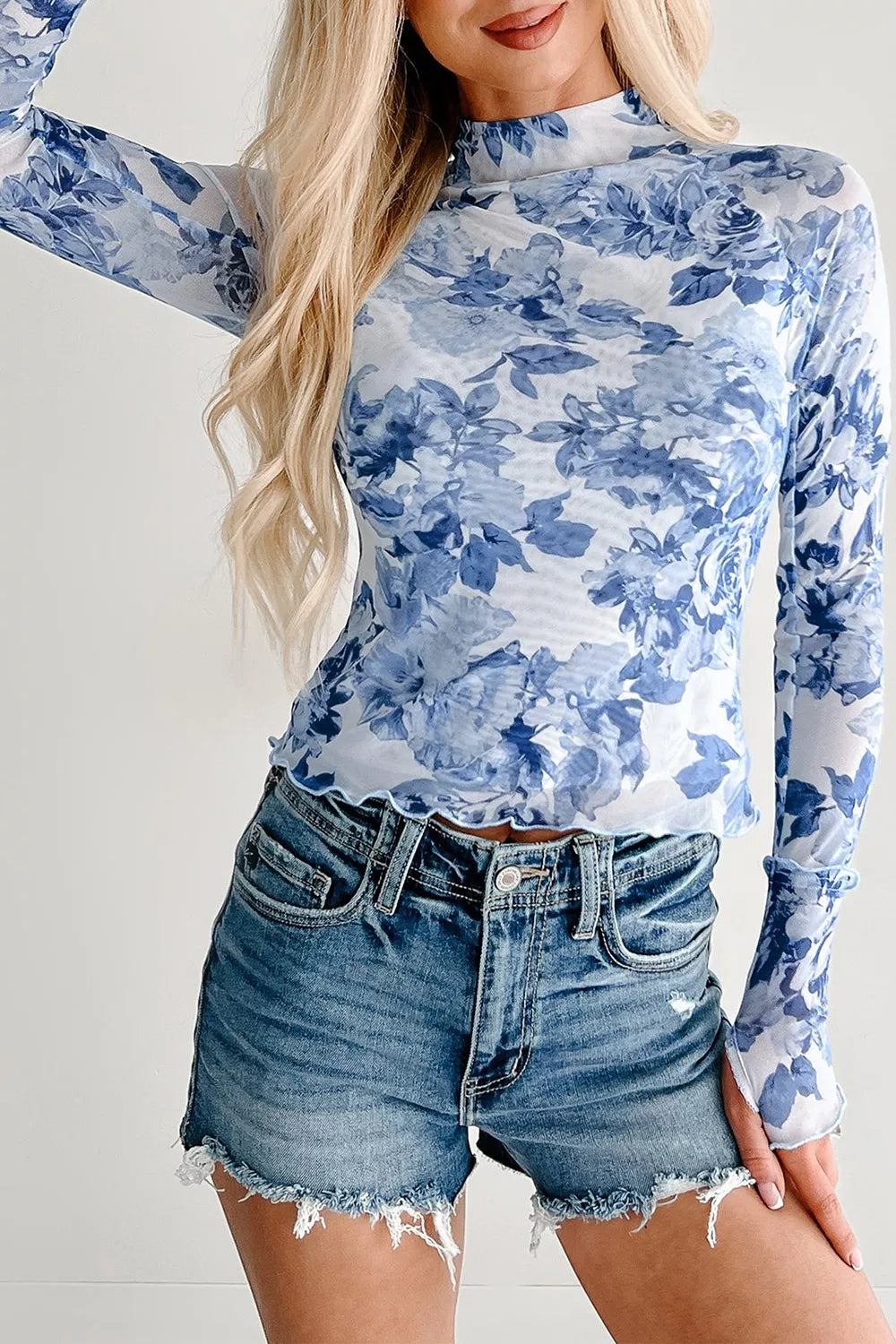 Floral Print Long Sleeve Stand Neck Mesh Top