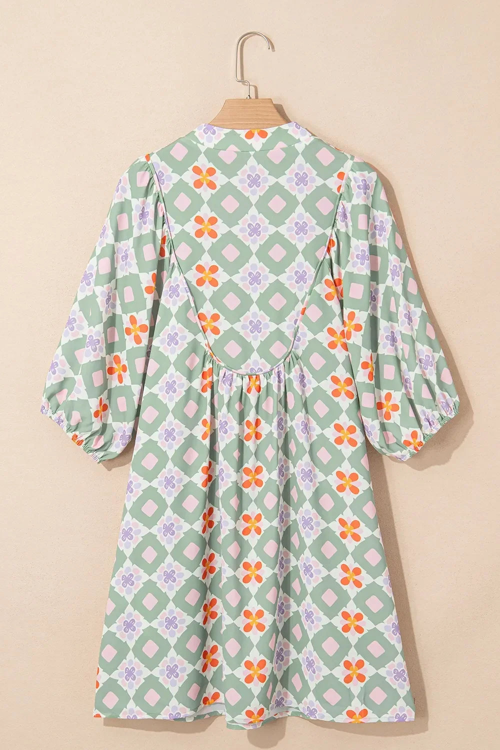 Printed Notched 3/4 Balloon Sleeves Loose Dress