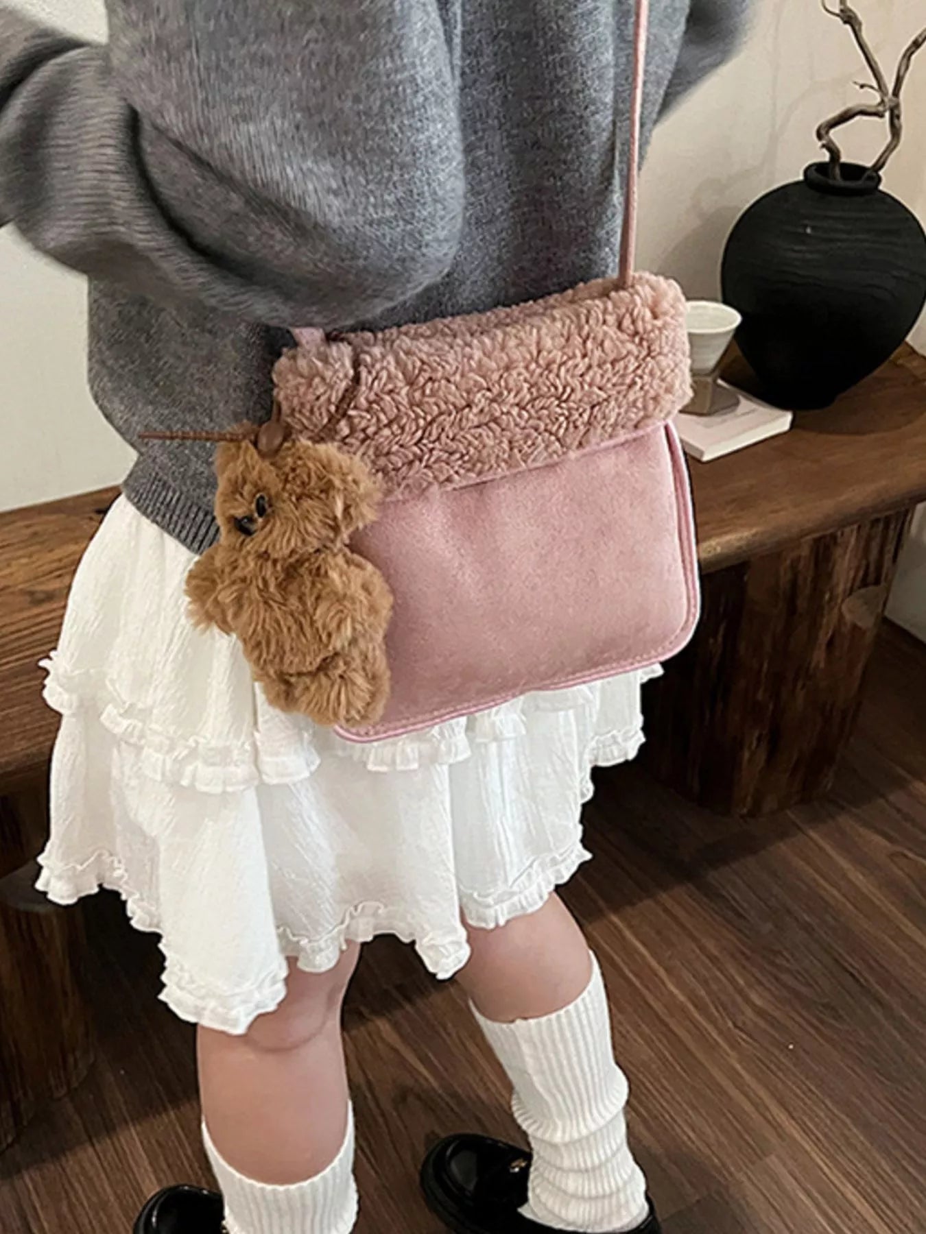 Teddy Bear Charm Plush Trim Crossbody Bag