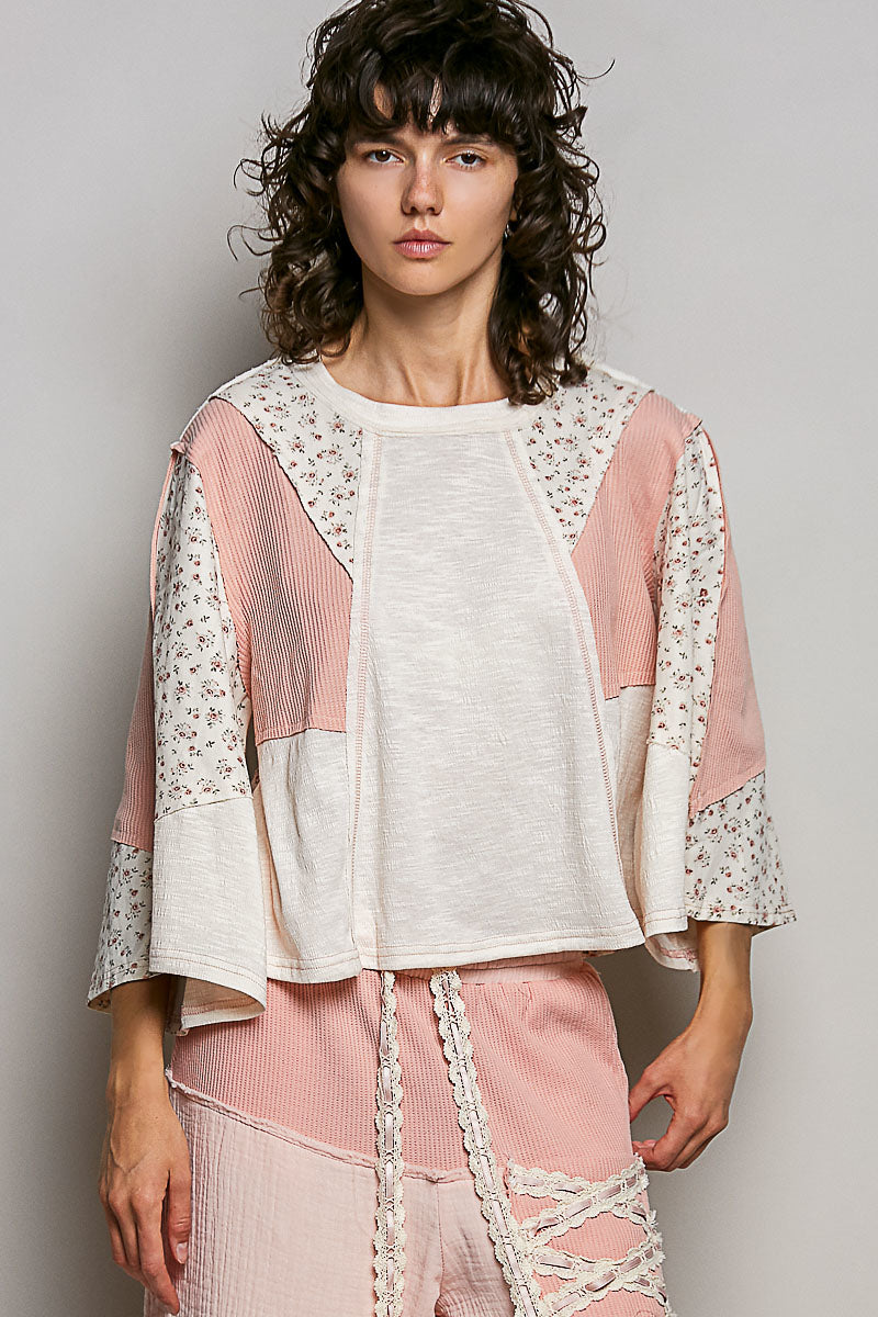 POL Exposed Seam Floral Patchwork Round Neck Textured Slub Knit Top
