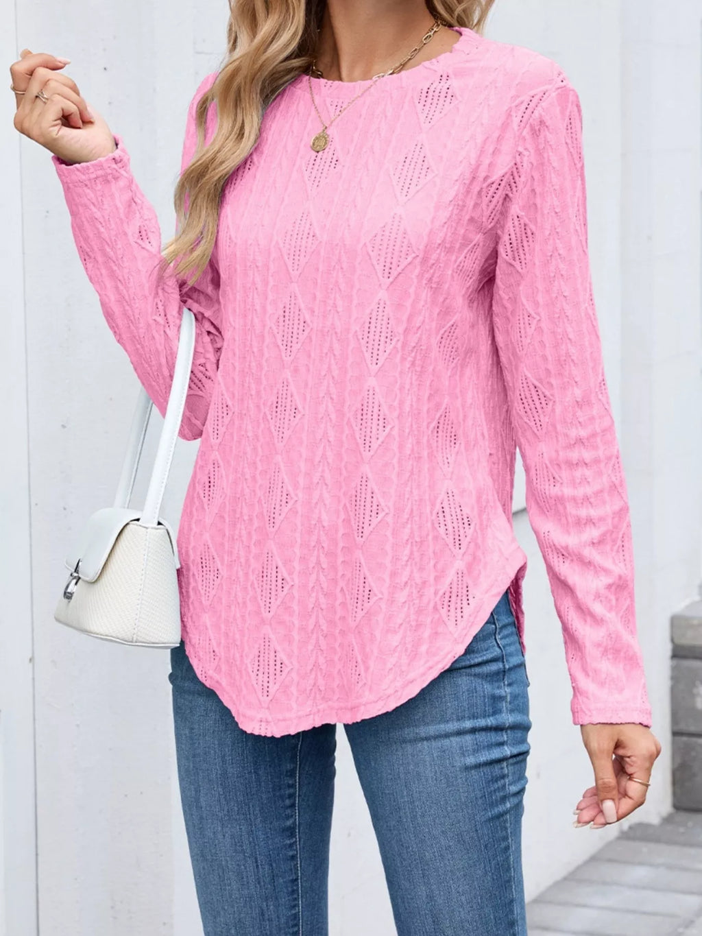 Diamond Pattern Knit Long Sleeve T-Shirt