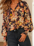 Floral V Neck Long Puff Sleeve Breezy Blouse