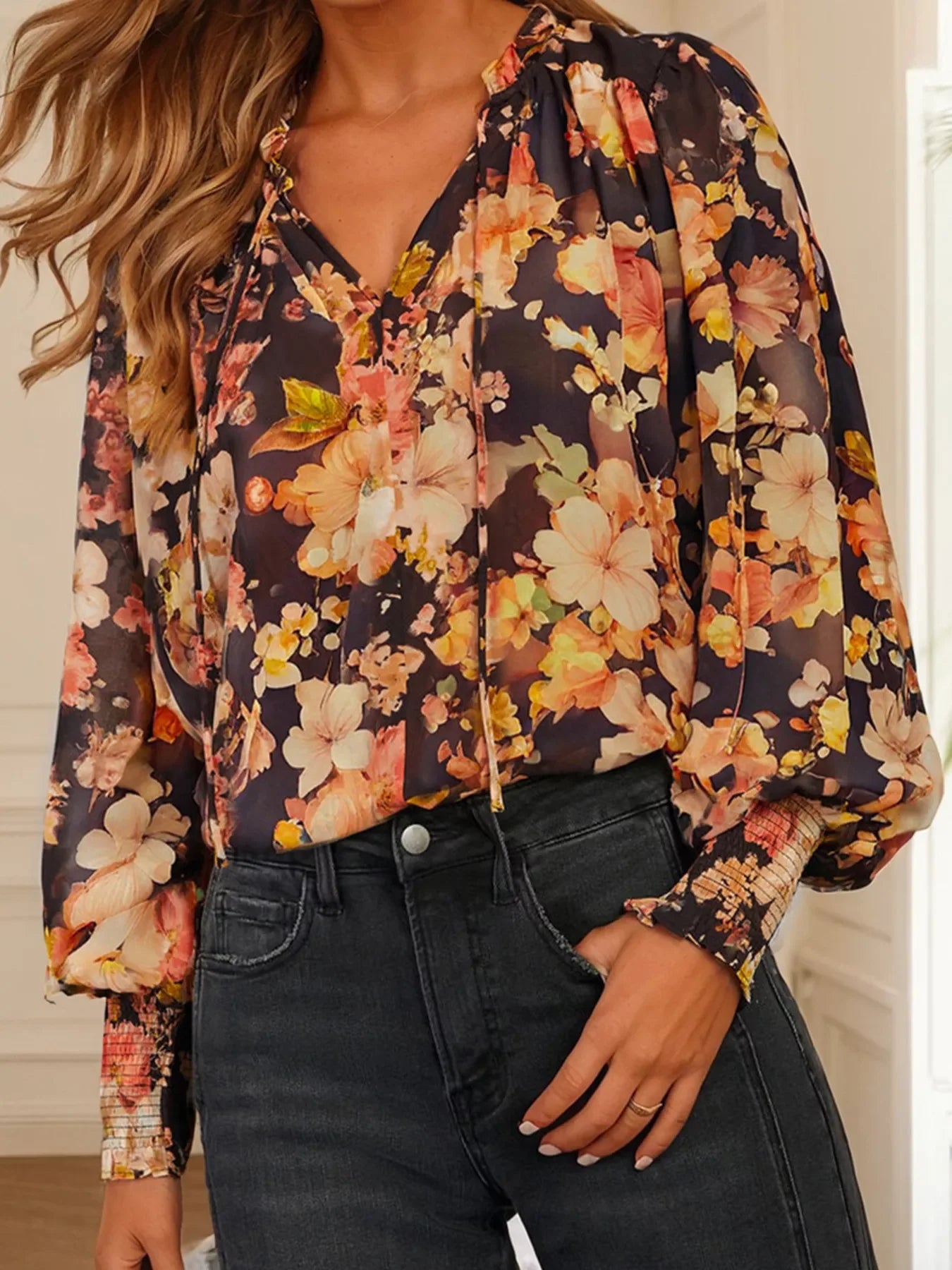 Floral V Neck Long Puff Sleeve Breezy Blouse