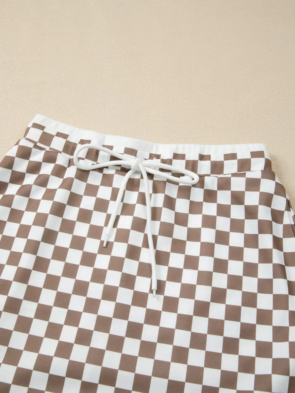 Checkered Print Polo Collar Cropped Long Sleeve Top and Drawstring Mini Skirt Set