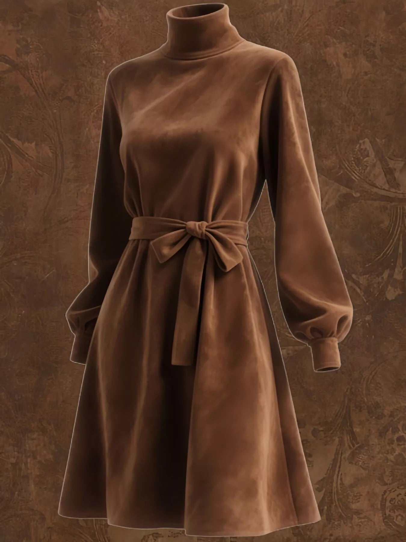 Bow Velvet Turtleneck Lantern Sleeve Dress