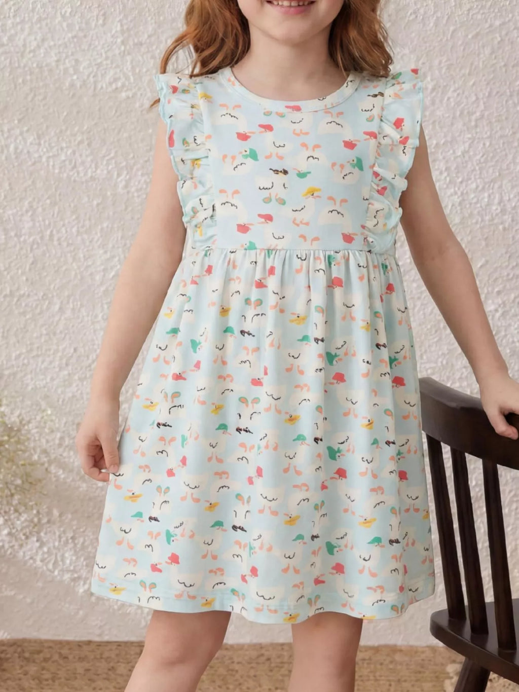 Children's Ruffle Sleeve Cartoon Print Dress