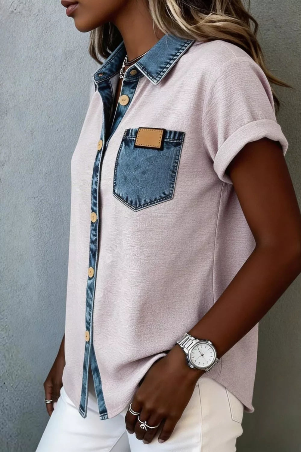 Denim Trim Button-Down Shirt