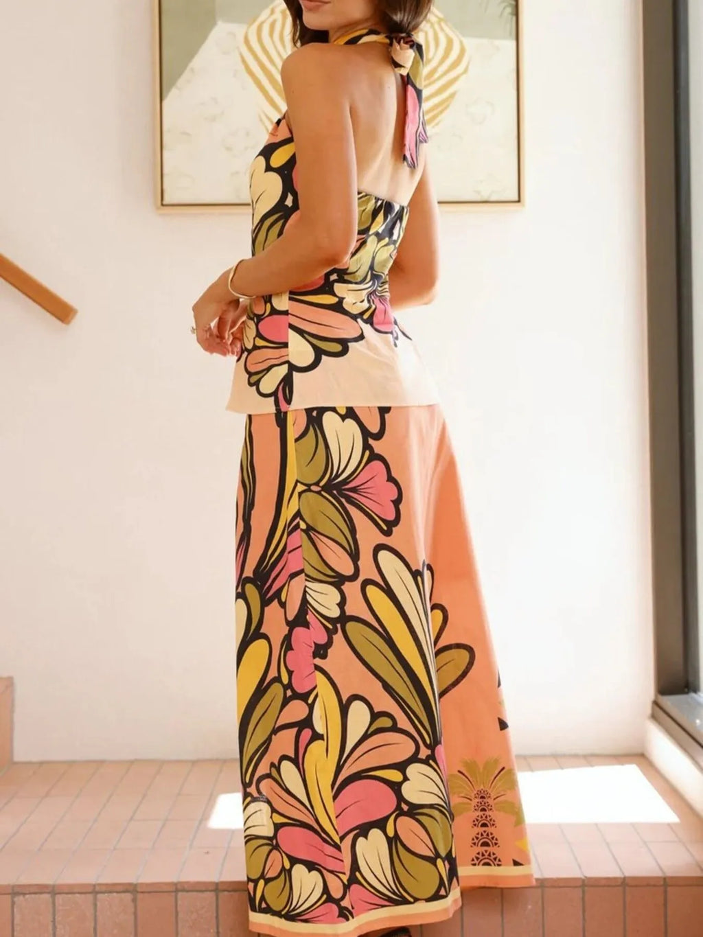 Printed Halter Neck Crop Top and Skirt Set