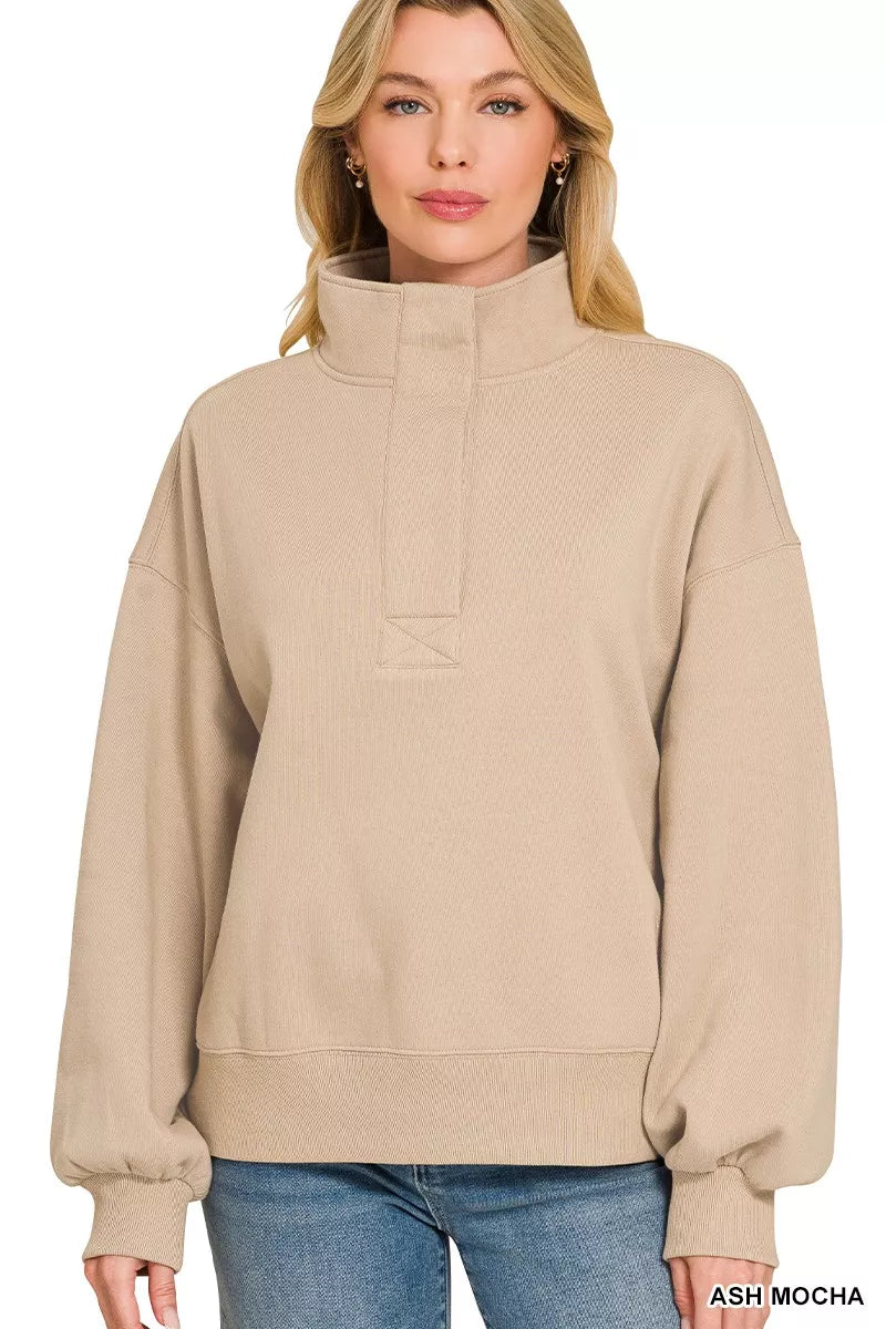 Zenana Fleece Half Snap Button Sweatshirt