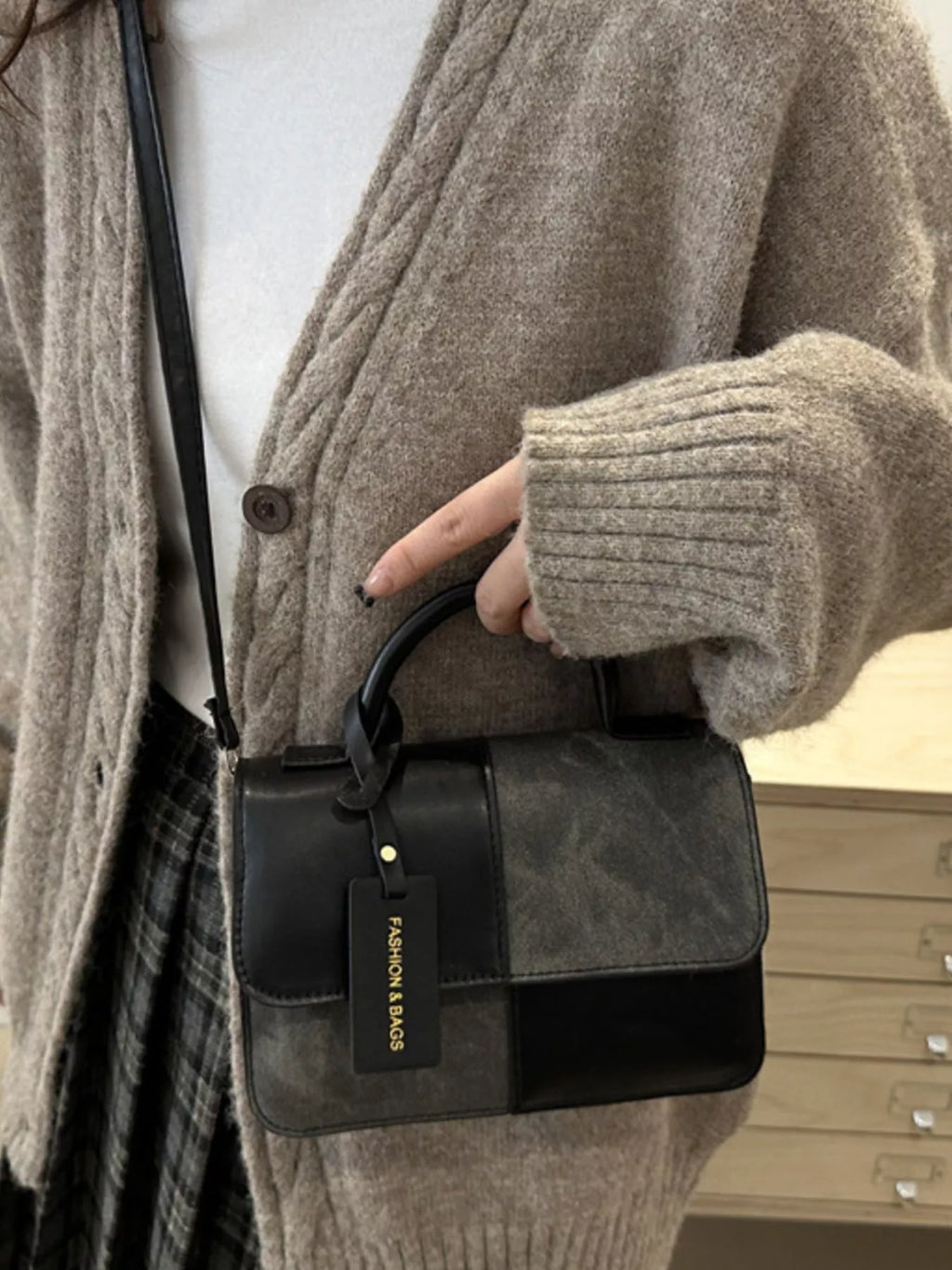 Color Block Flap Crossbody Bag with Top Handle