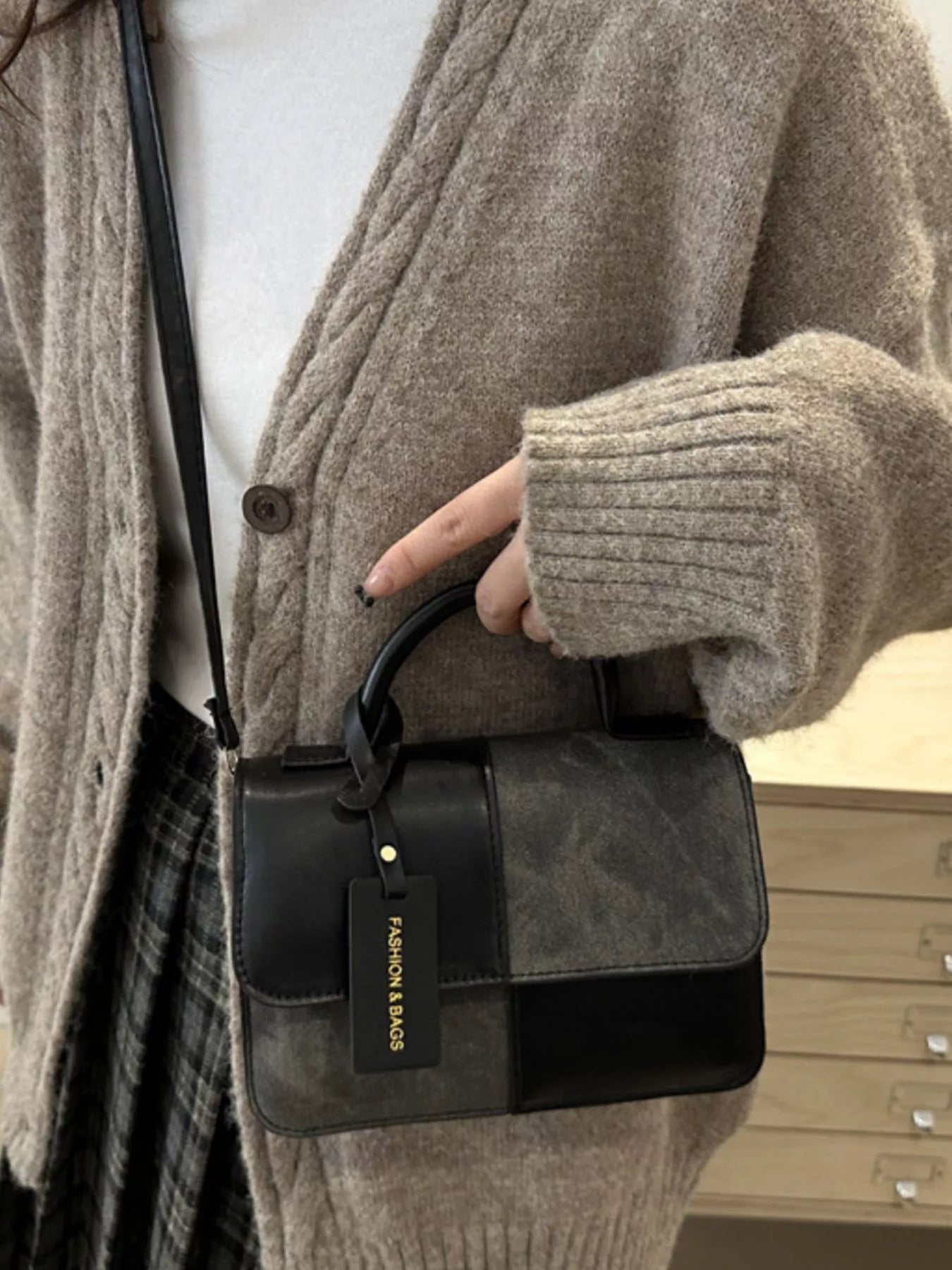 Color Block Flap Crossbody Bag with Top Handle