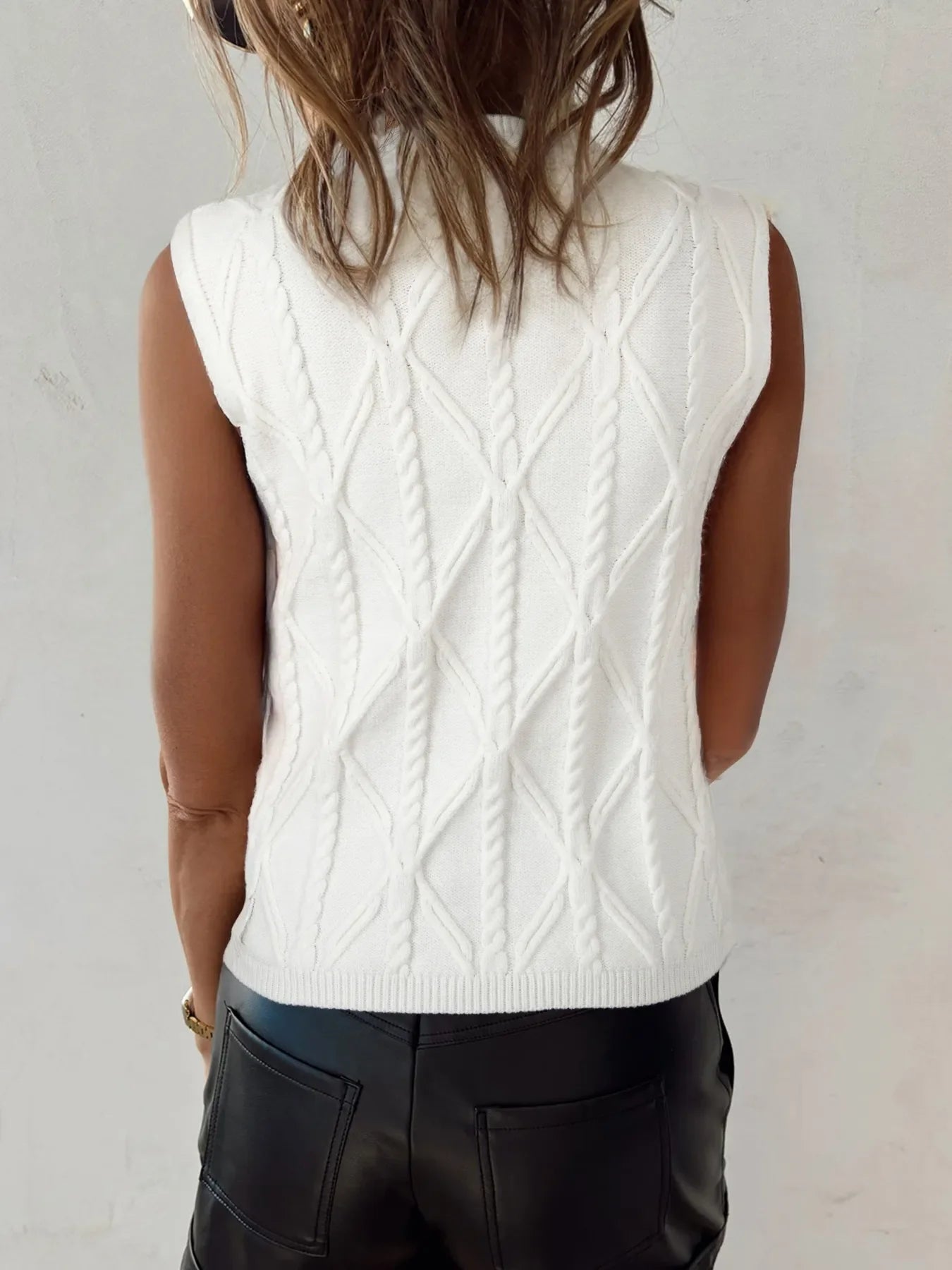Pearled Mock Neck Textured Knit Sweater Vest