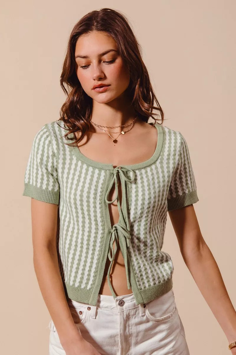 SO ME Tie Front Textured Vertical Stripe Knit Cardigan