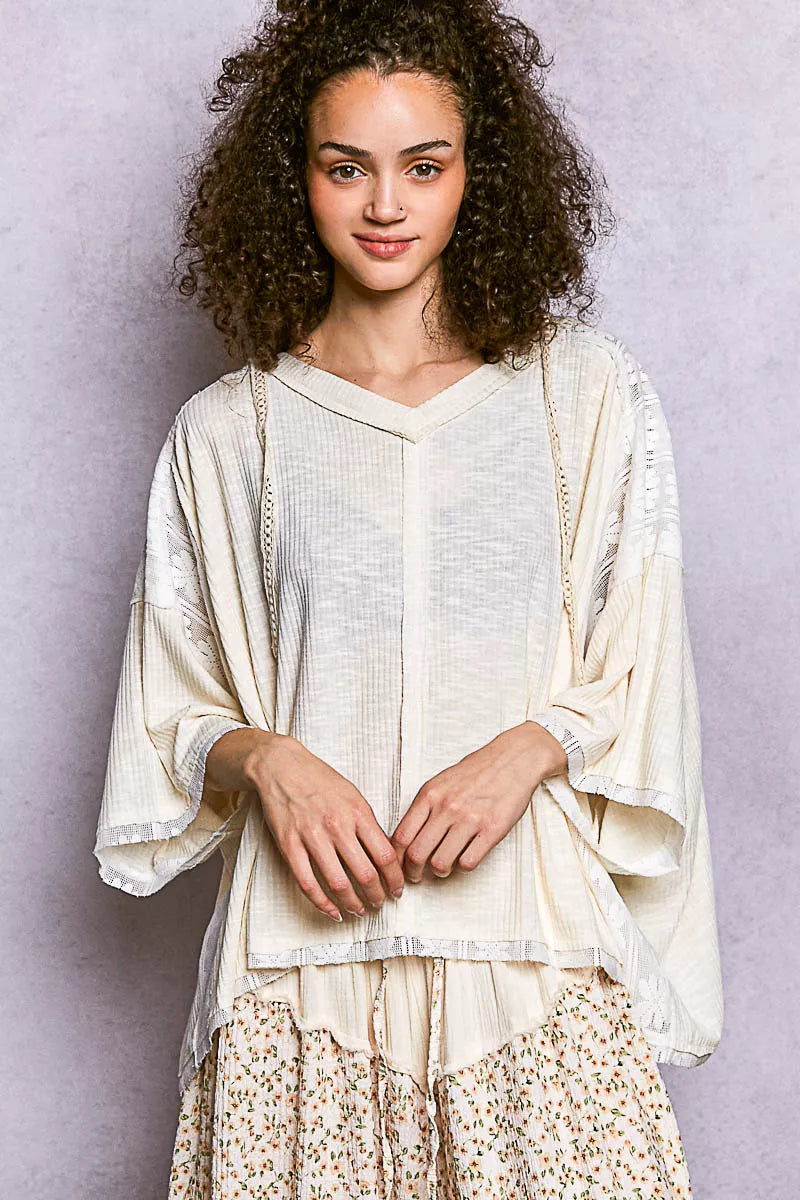 POL Short Sleeve Hoodie Top with Lace Detail