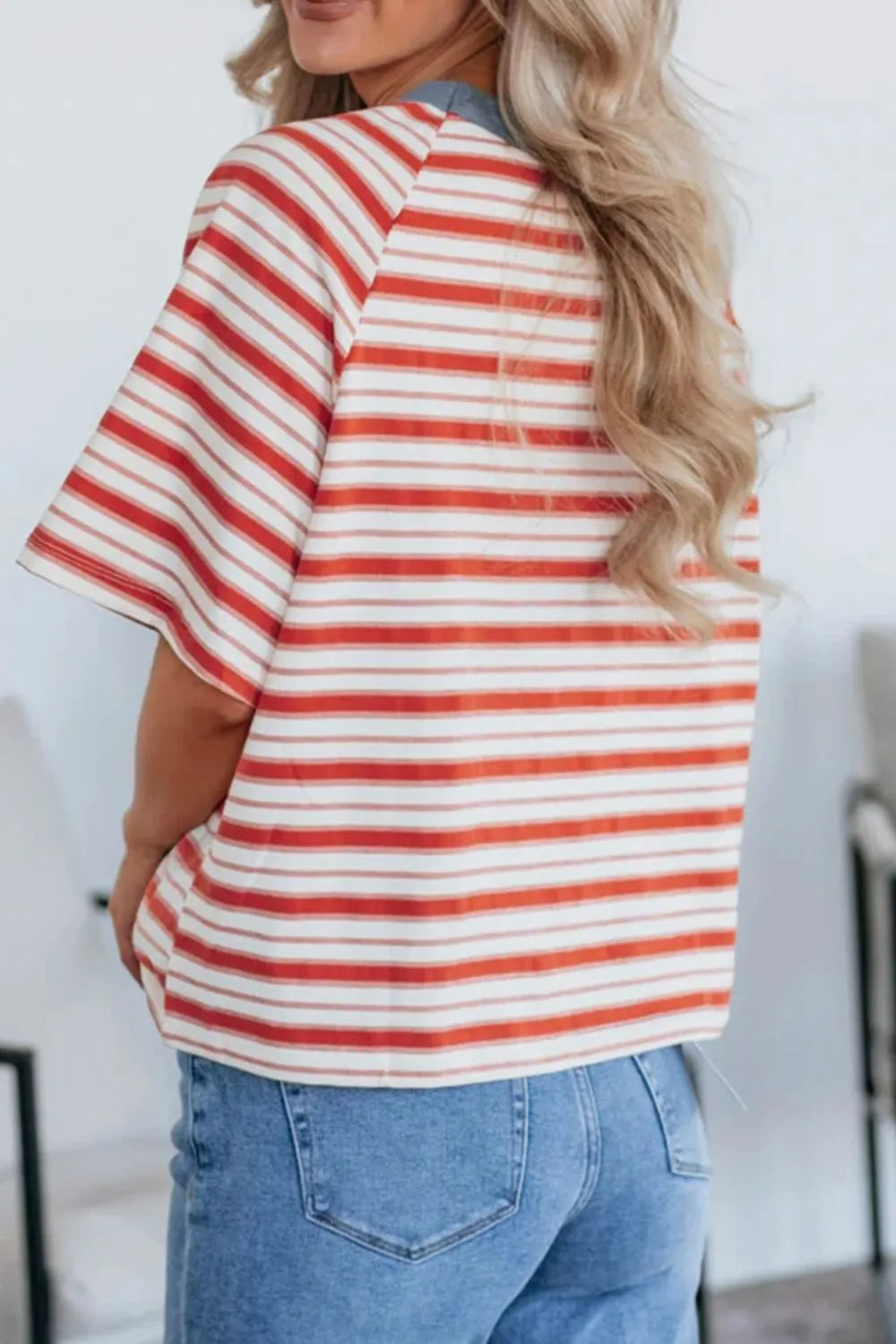 Stripe Print Contrast Collar Raglan Sleeve T Shirt
