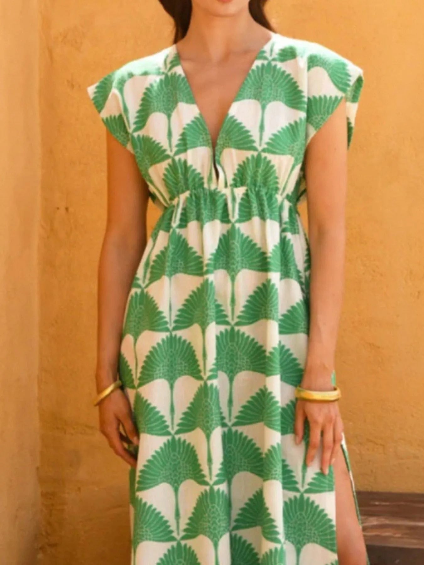 Slit Printed V-Neck Cap Sleeve Maxi Dress